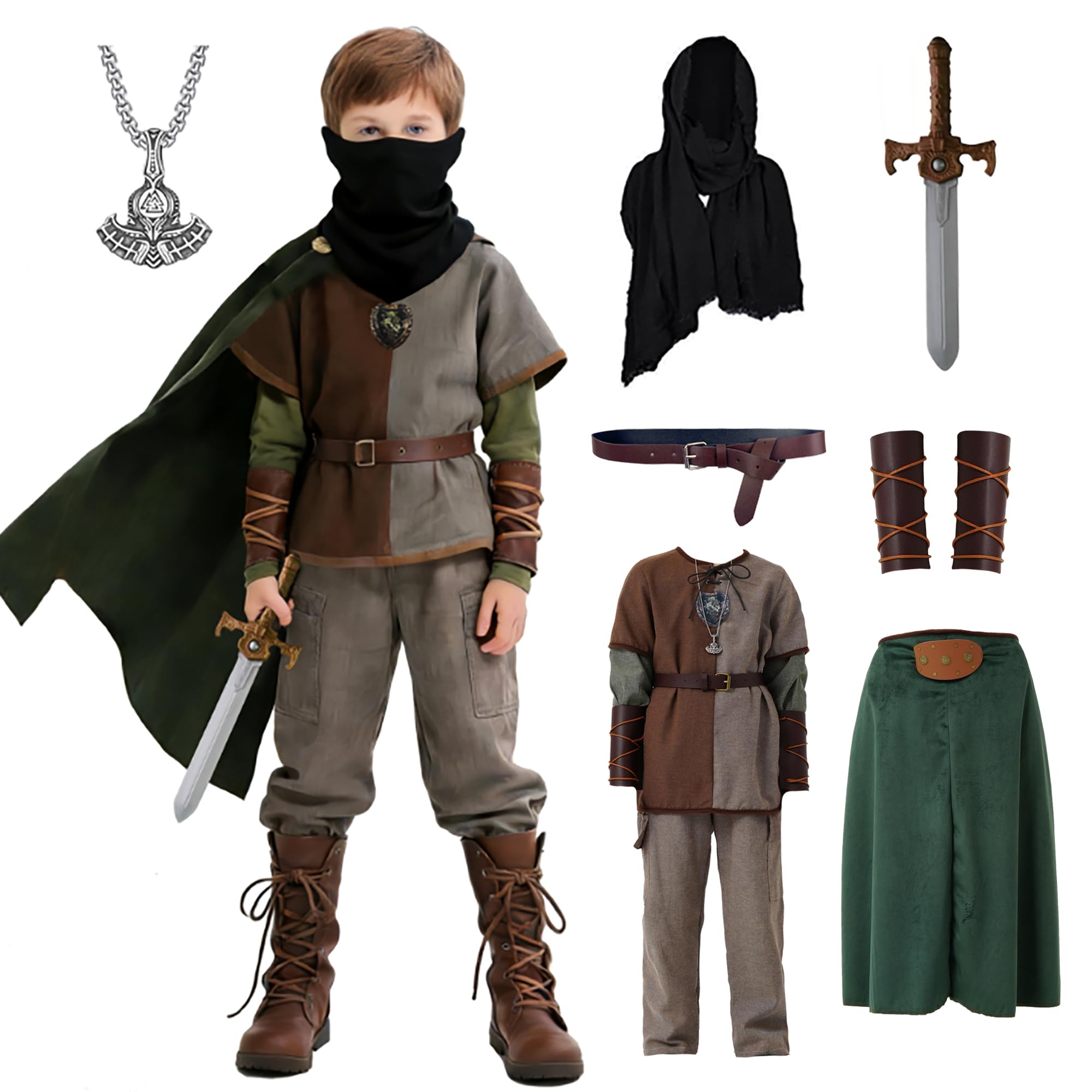 8 Pcs Medieval Viking Costume for Kids Boys Renaissance Dress Up