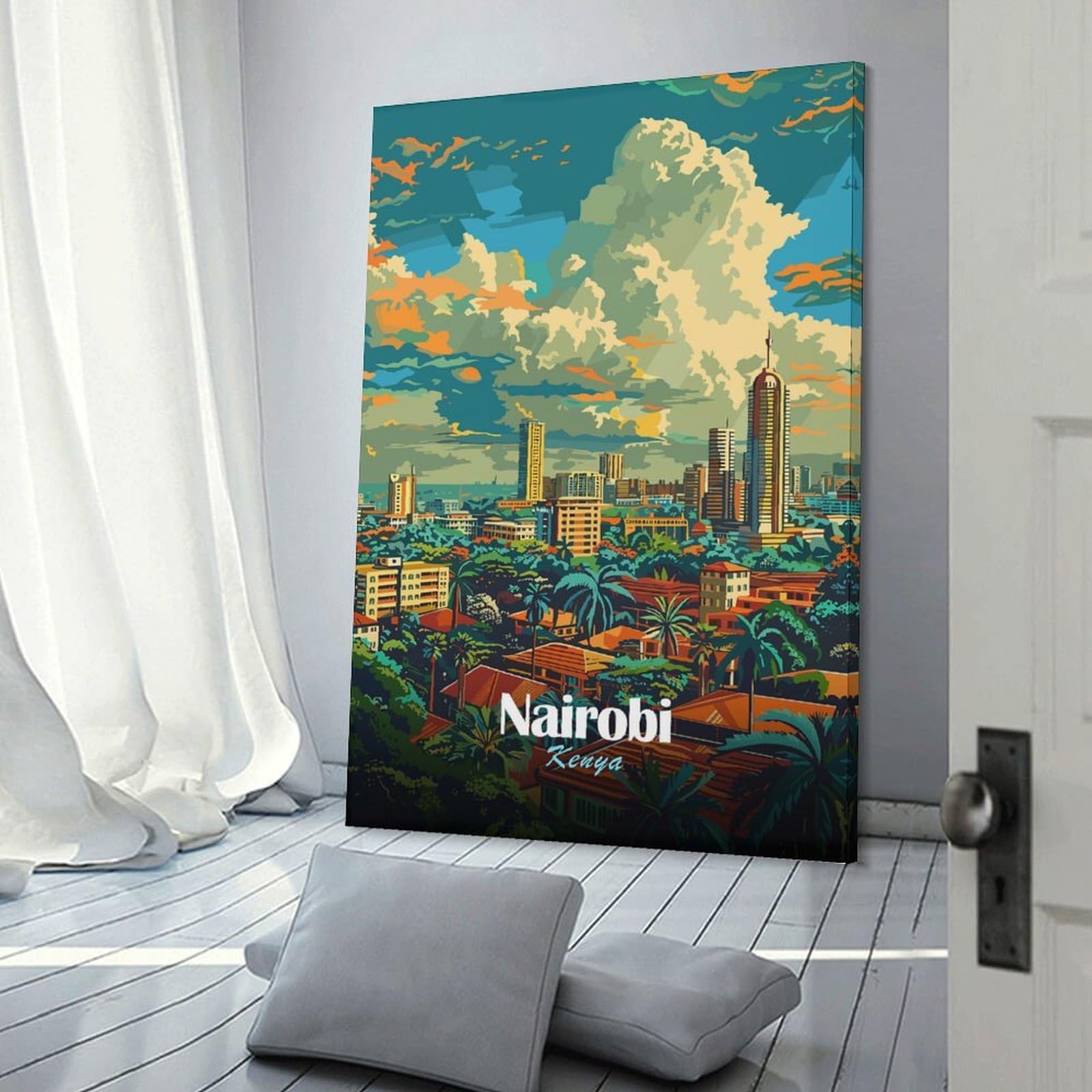 Junmoney Nairobi Skyline Illustration Canvas Art Print, 20x30inch(50x75cm), for Wall Displays, Bedrooms Or Room Updates, Home Wall Art for Statement Displays
