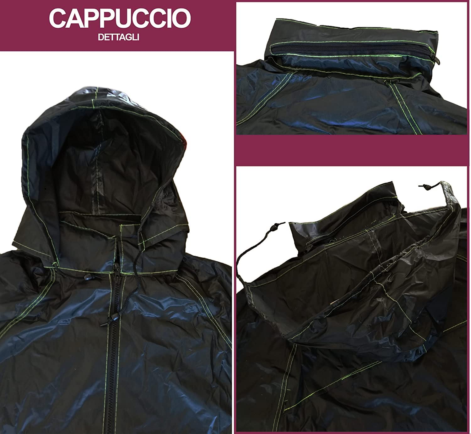 Rebeca Shop Tuta Moto Impermeabile Antipioggia Antivento | Nero | Completo Giacca e Pantalone - Cappuccio a Scomparsa | Uomo Donna | Scooter Bici | Kit Accessori Moto