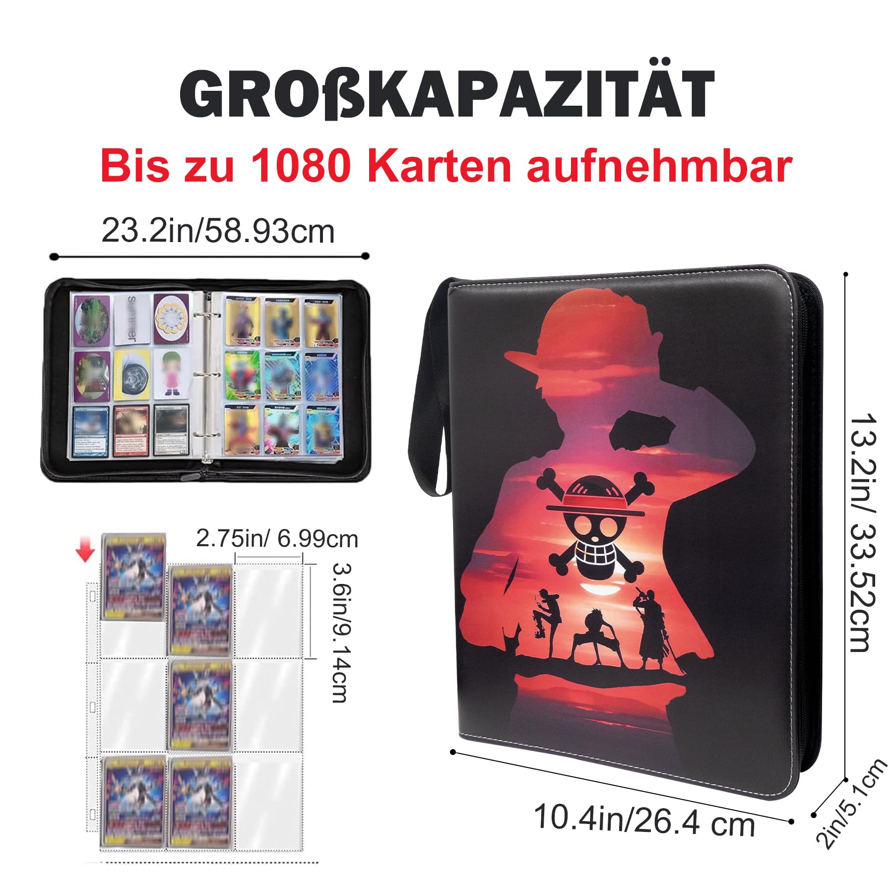 Sammelkarten Album for One Piece, 1080 Taschen, 60 Seiten, 9-Taschen-Design, Wasserdichtes PU-Material, Tragbar