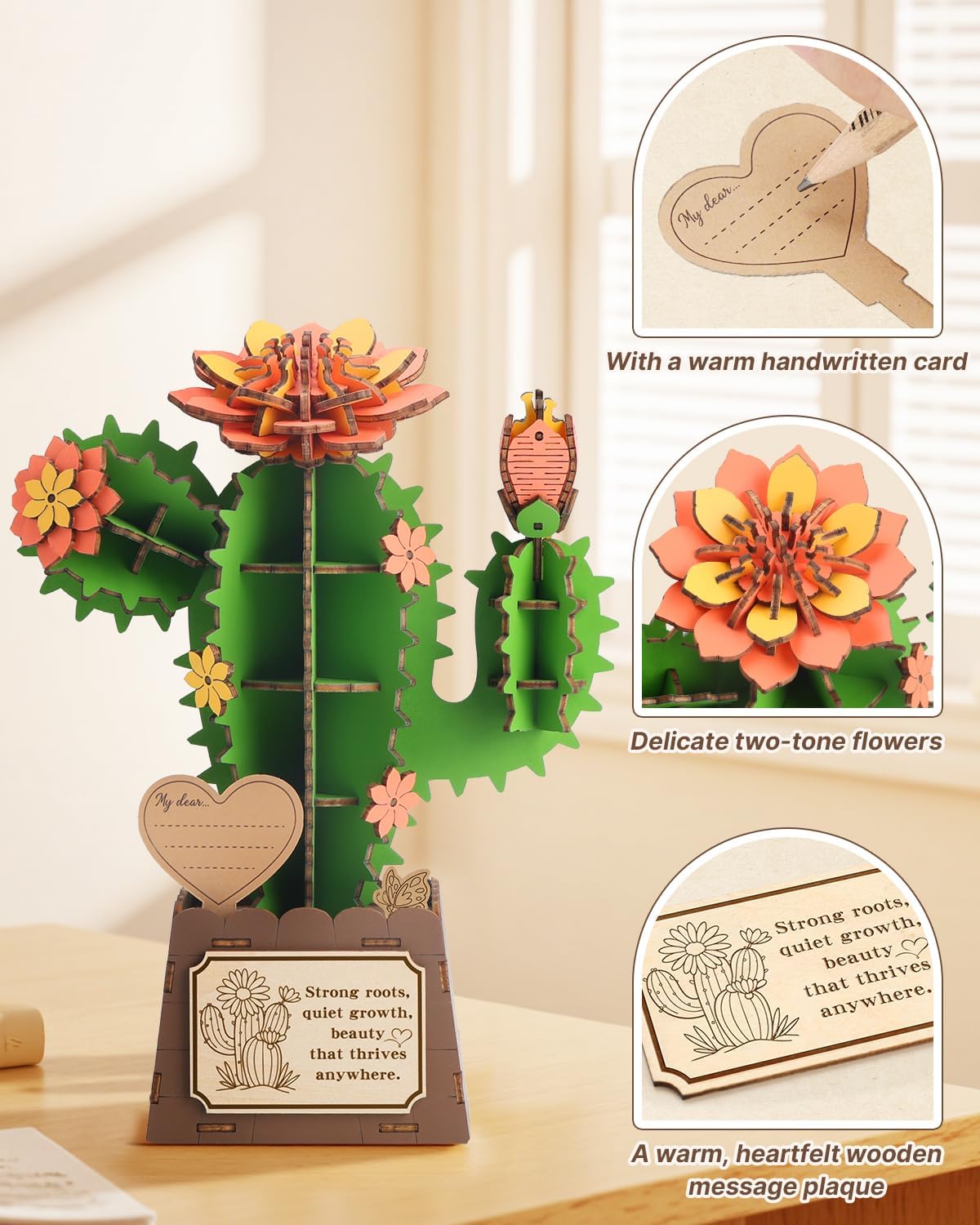 3D Puzzles for Adults, Cactus DIY Wooden Flowers Building Kit | Artificial Flowers Craft for Adults- 3D Floral Puzzle Home Decor Birthday Gifts for Women Mothers Day Thanksgiving Christmas