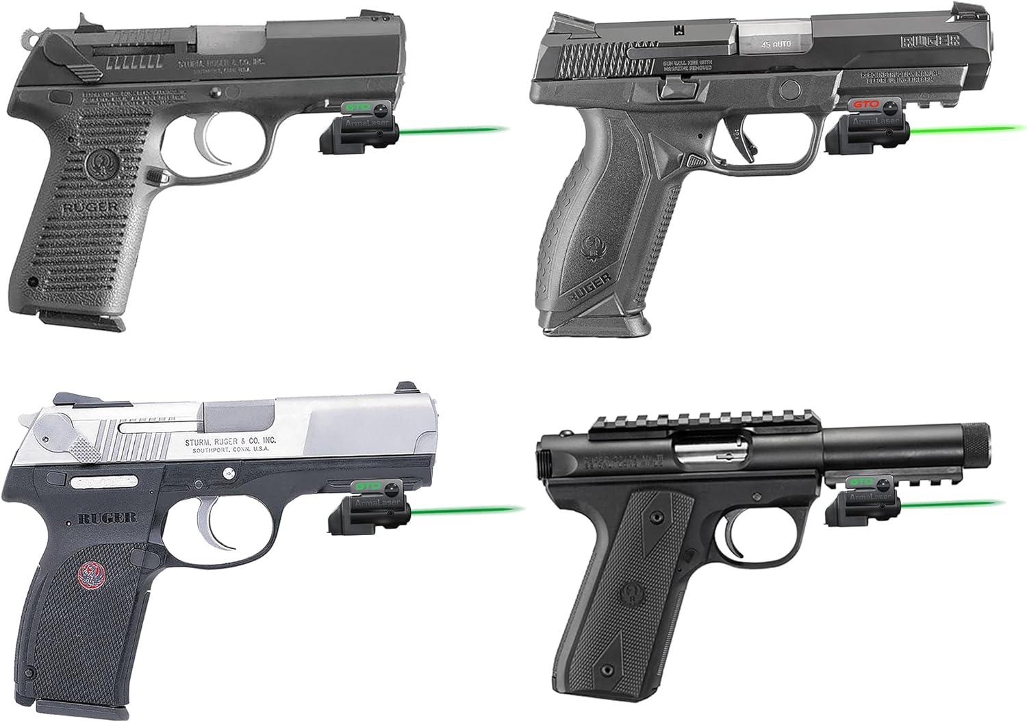 Green Laser Kit for Ruger Pistols w/Rails: SR9, SR40, SR45, P95, P345, American, Mark IV 22/45 Tactical, Security-9, 57, SR1911 w/Holster, ArmaLaser GTO-G/GTOGS Laser Sight & 2 Extra Batteries