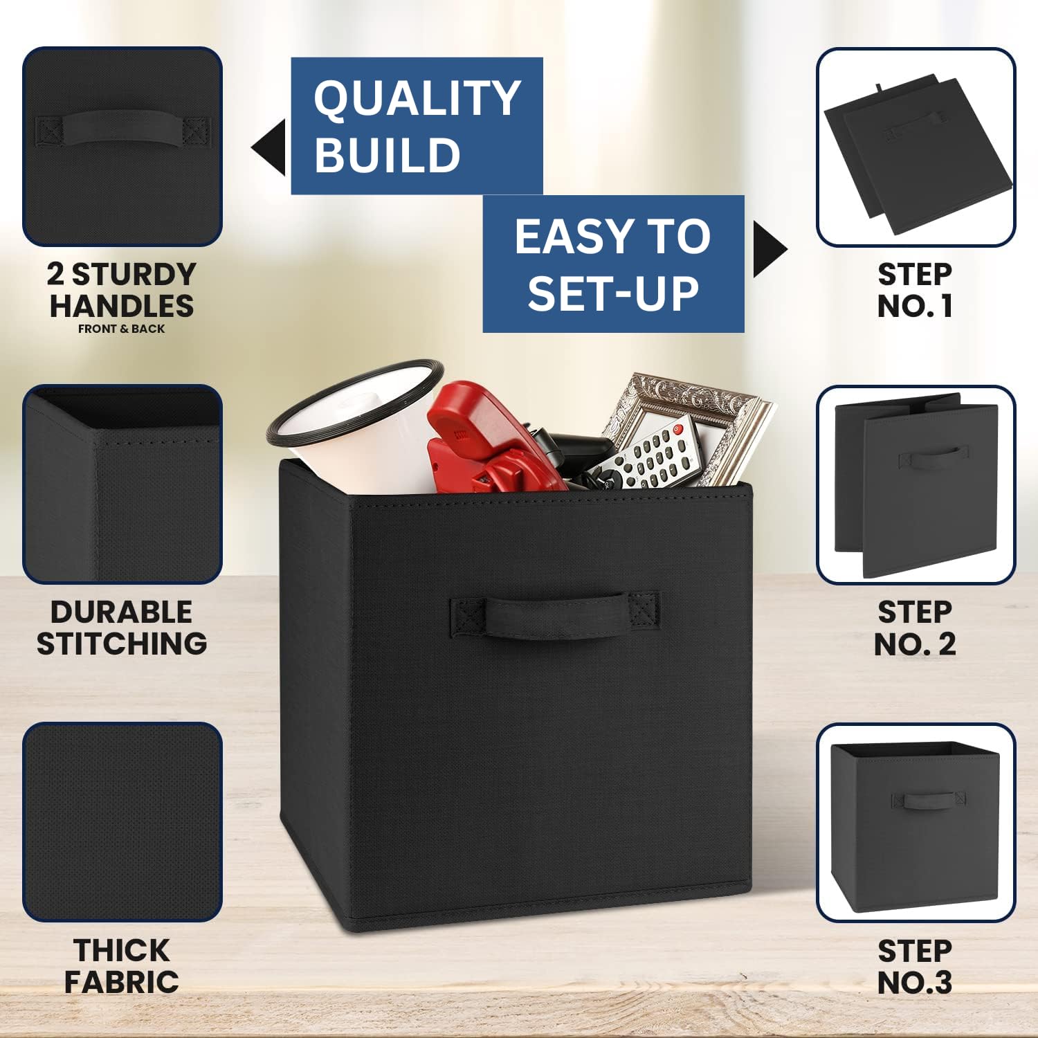 RampSupplies Black Foldable Storage Cubes with Handles, 30cm x 30cm x 30cm,Fabric Storage Boxes - Image 4