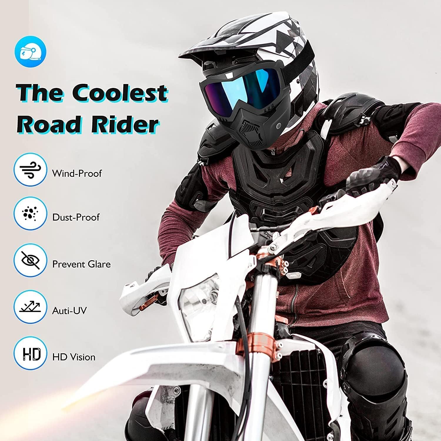 varni house mart Goggle with Mask Riding Mask for Bikers Anti Scratch UV Protective Bike Face Mask for Men Detachable with Soft Foam Padded Face Cover Helmet Google Mask Off Road Dust 3