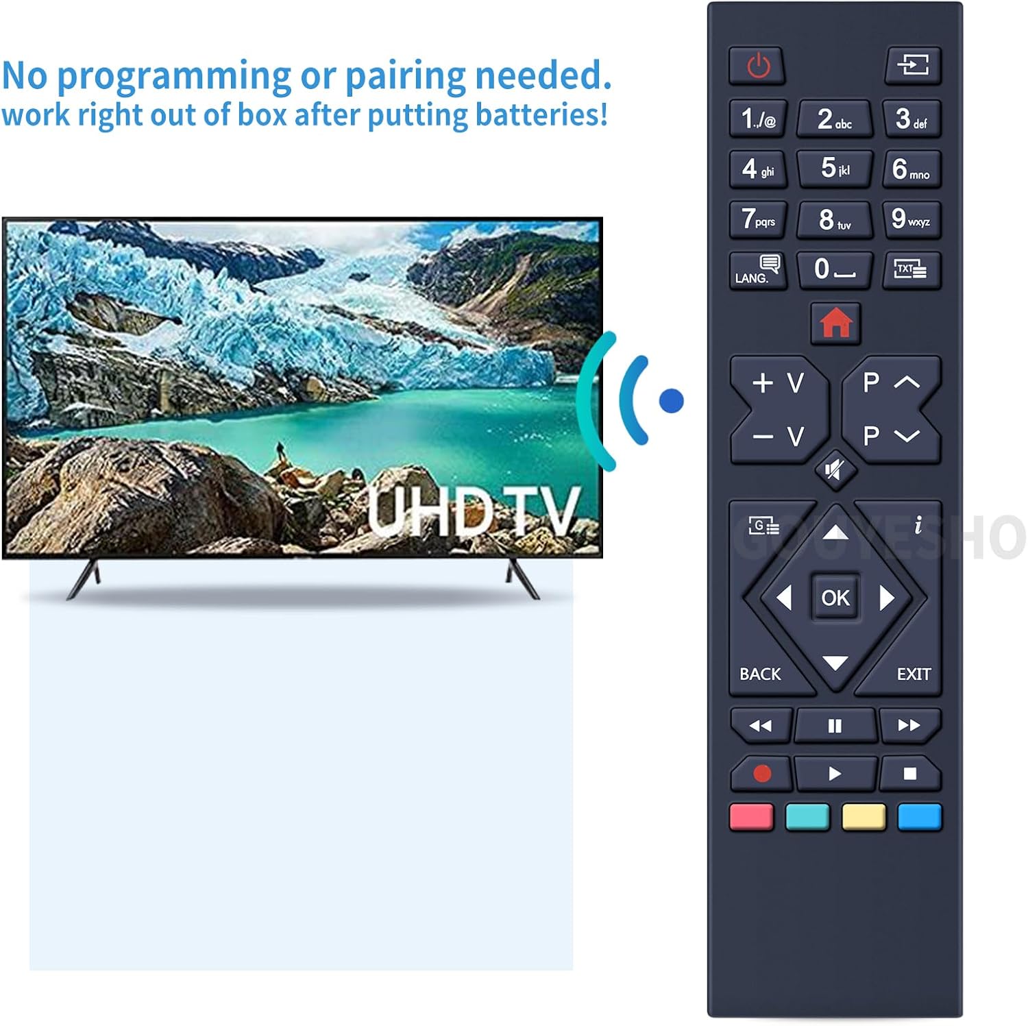 Image illustrating the remote control working with a UHD TV, emphasizing that no programming or pairing is needed.