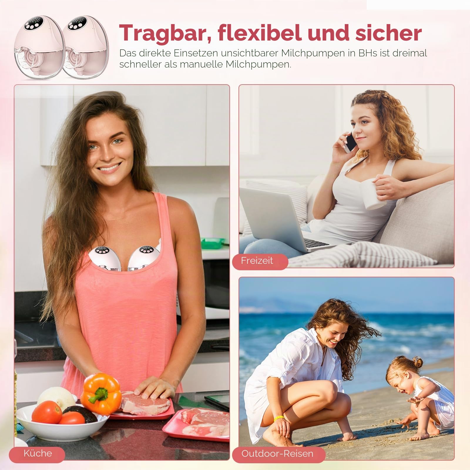 Elektrische Milchpumpe Handsfree 2er | 4 Modi 12 Stufen, Leise 50dB, Tragbare In-Bra Milchpumpe mit 19/21/24mm Flansch, Integriertes Design