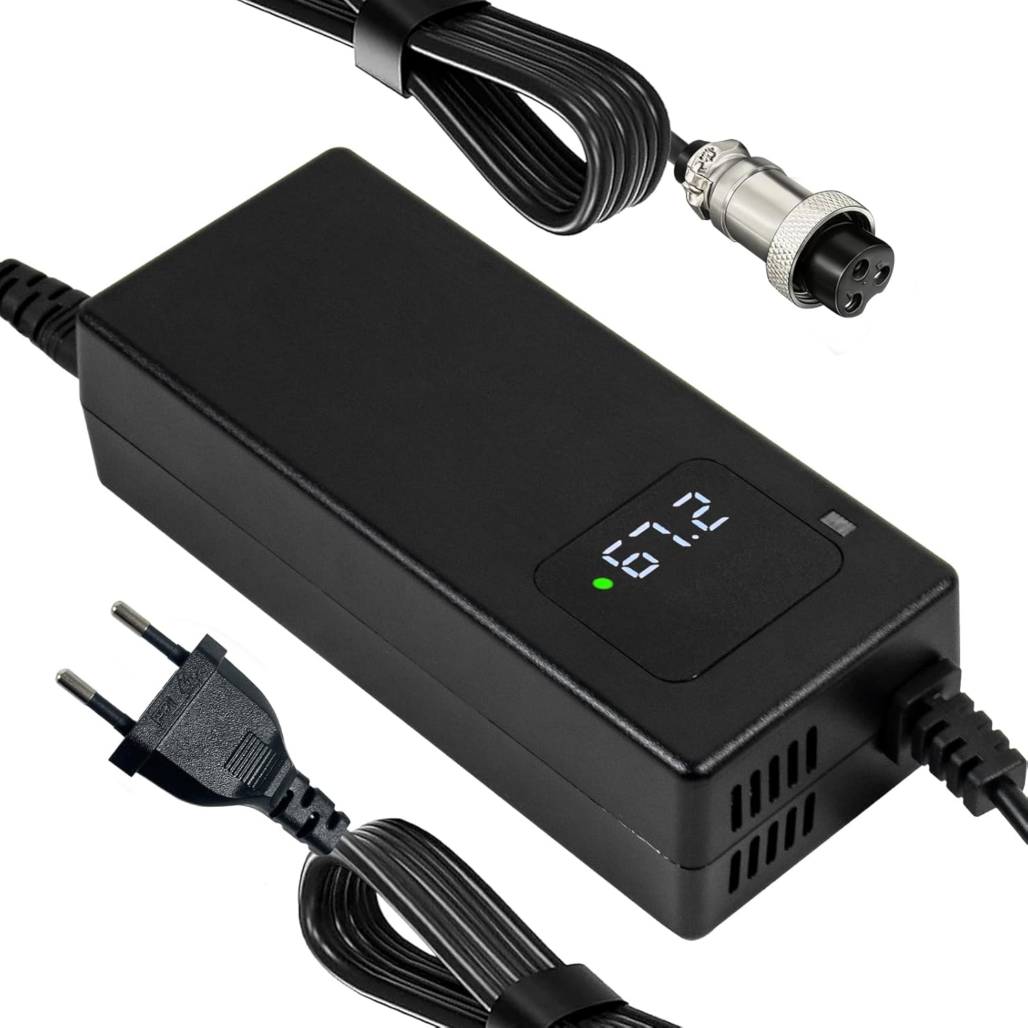 67.2V 2A Lithium Battery Charger, Suitable for Fast Charging of 16s 60v Lithium Battery, Equipped with A GX16-3 Connector Plug, with Display Screen and Led Indicator Lights