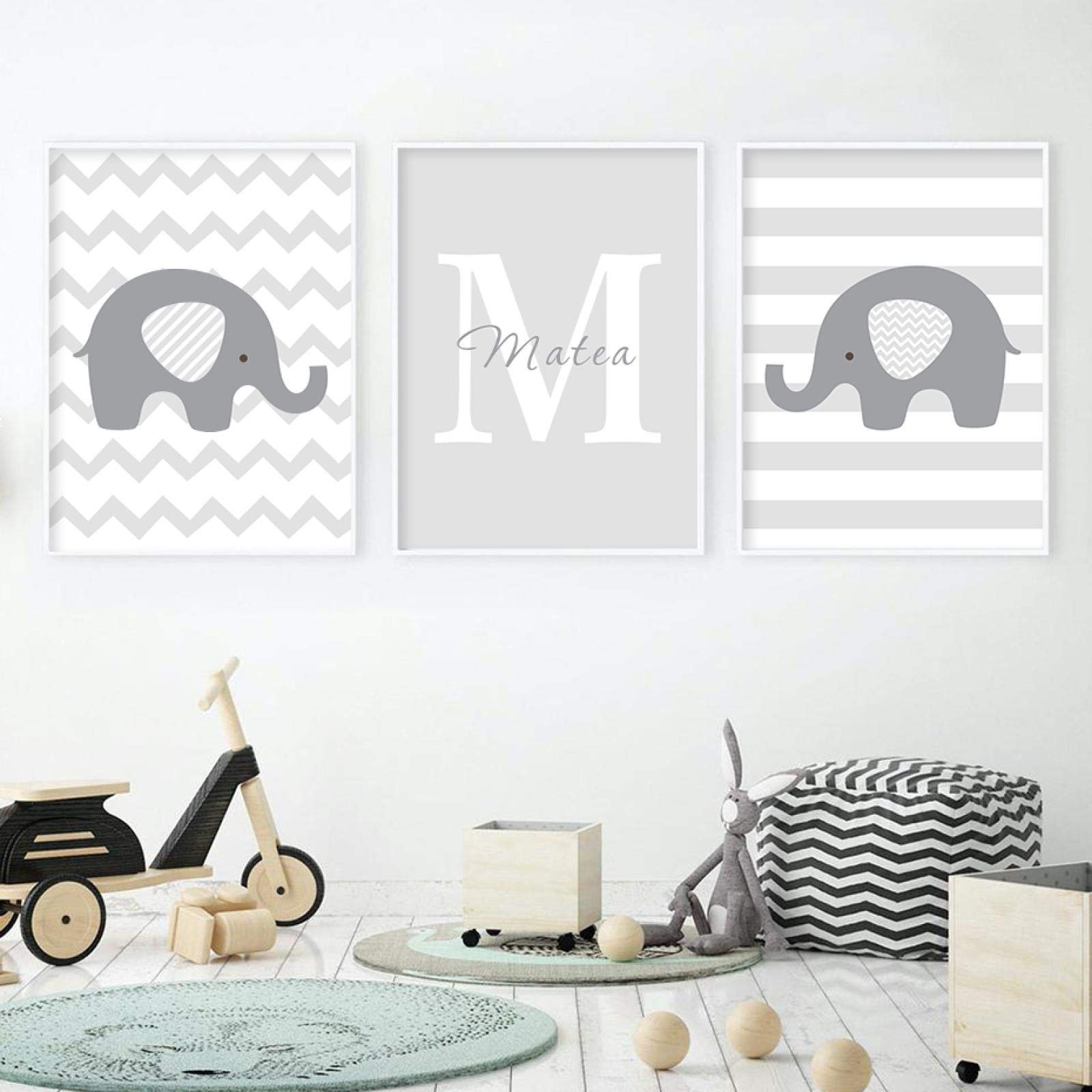 Yooyu Pintura en lienzo Nombre personalizado Letra inicial Elefante Animales Bebé Vivero Cartel Imprimir Arte de la pared Imágenes Niños Dormitorio Decoración 70x100cmx3 Sin marco