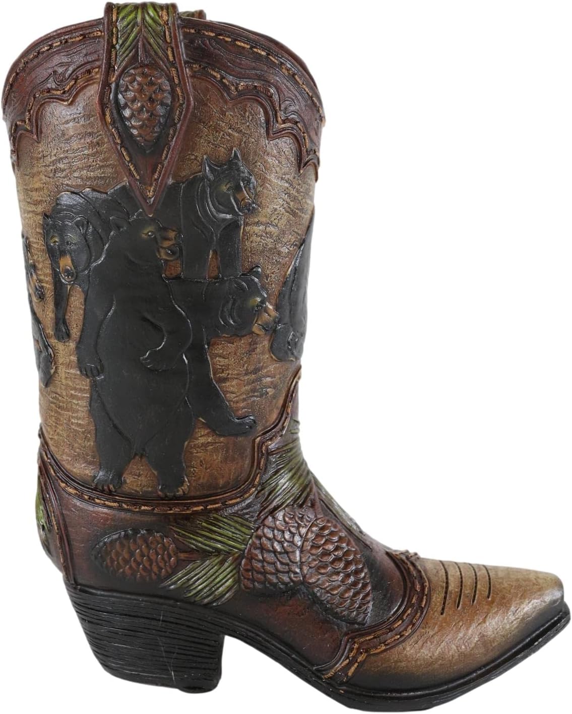 Ebros Gift Rustic Western Black Bear Family with Pine Cones Forest Cowboy Cowgirl Boot Decorative Figurine Or Floral Vase Planter Tooled Leather Finish Table Shelf Countertop Accent