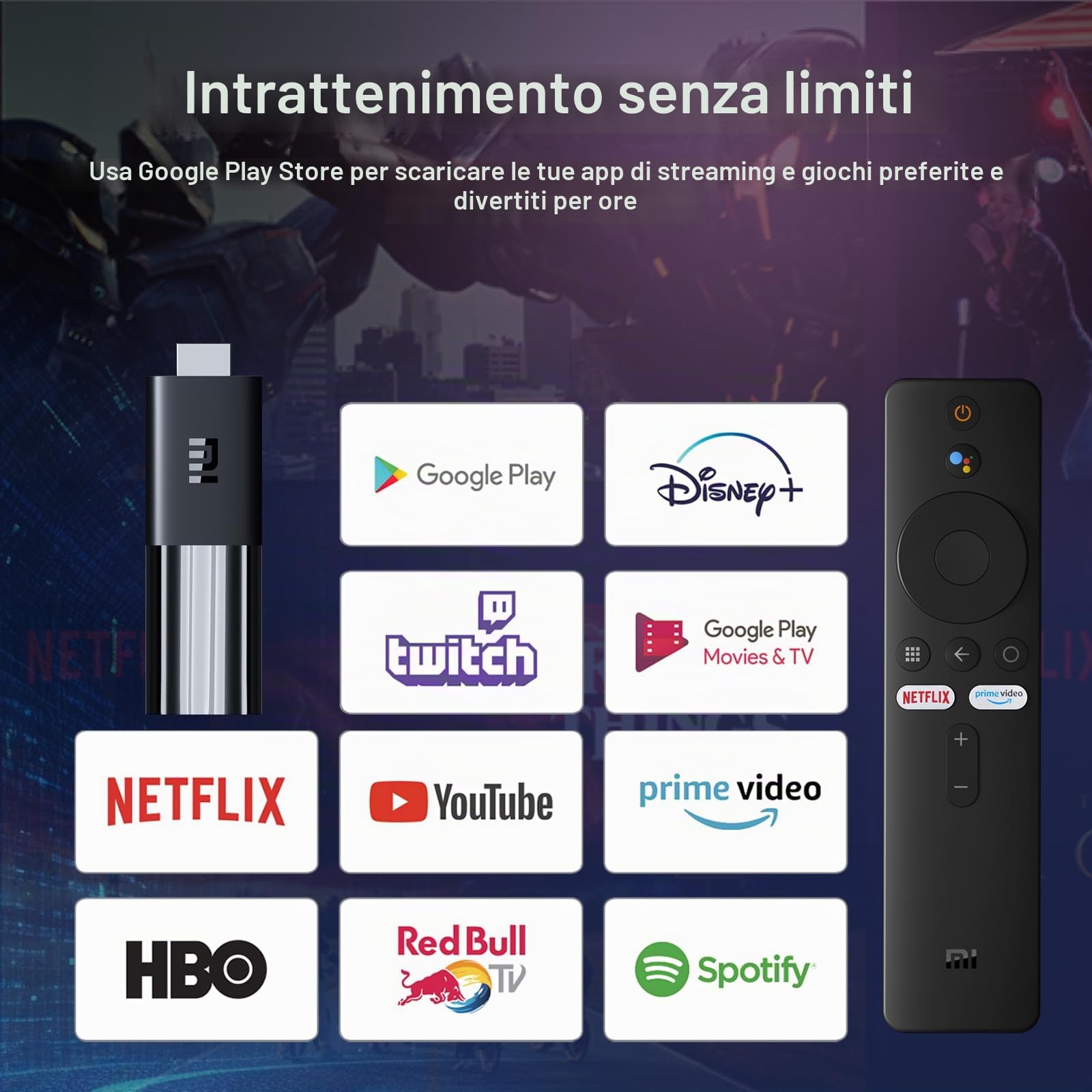 Mi TV Stick 2K, Audio DTS-HD, Android TV 9.0, Telecomando Incorporato, 2 GB di RAM, 8 GB di Memoria Interna