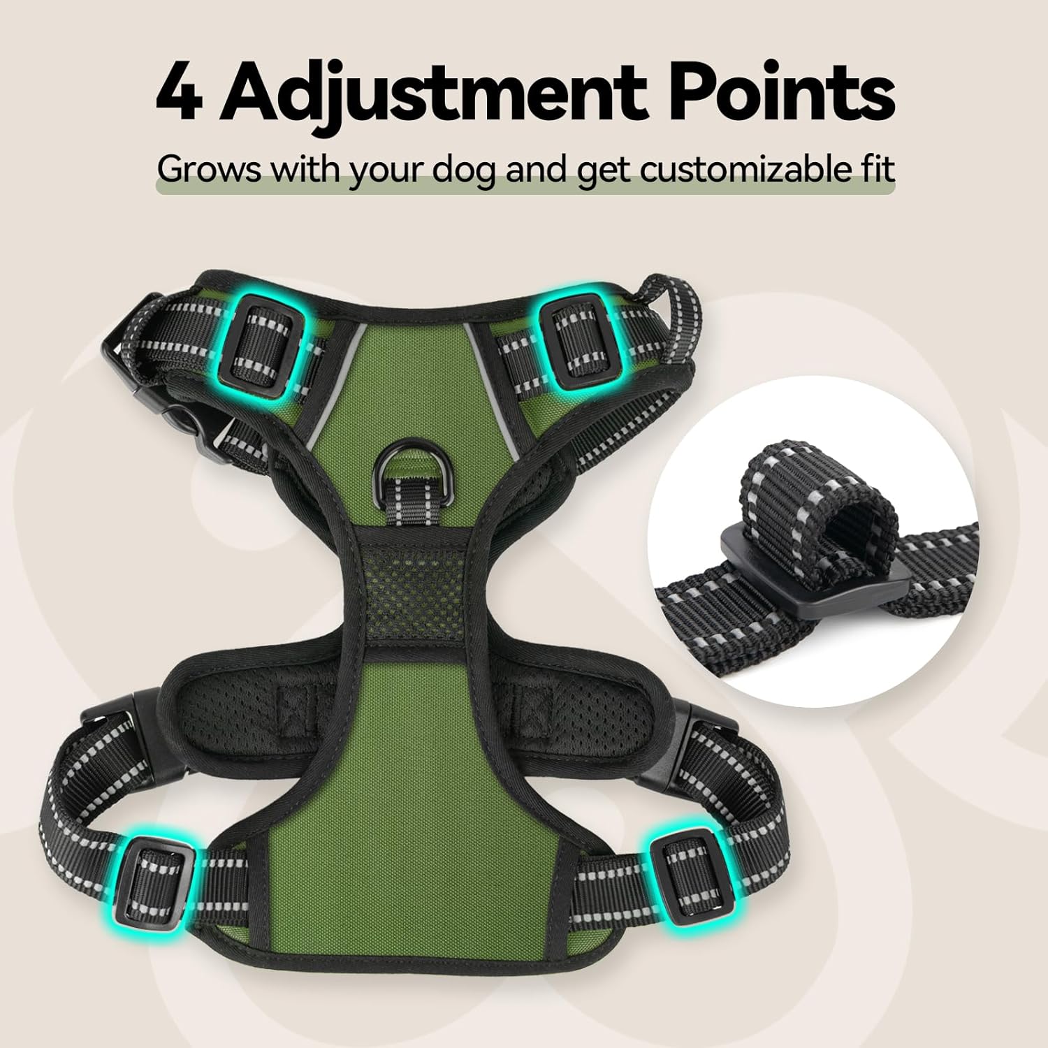 PHOEPET No Pull Dog Harness with Handle Front & Back Clip, Easy on Lockable Snap Buckle at Neck, Adjustable Reflective Vest with Handle for Small Medium Large Dogs (L, Misty Green)