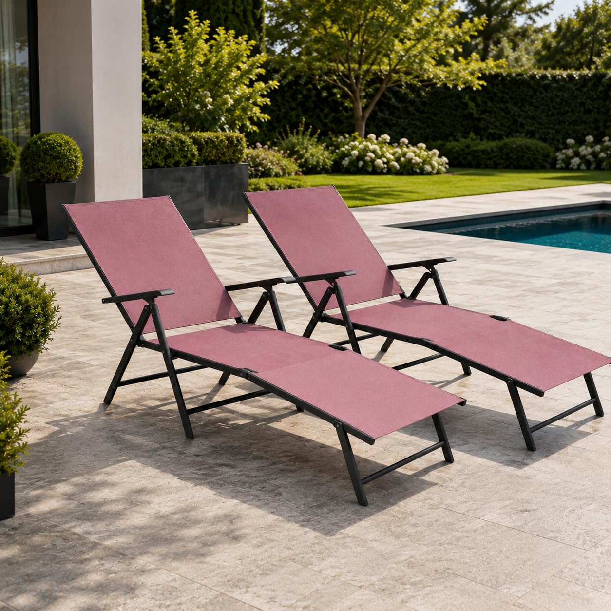 Emirates Living Set of 2 Folding Sun Loungers – Adjustable Reclining Garden Chairs with Armrests, Portable Outdoor Sunbeds for Patio, Poolside, Balcony, Beach & Garden, Pink