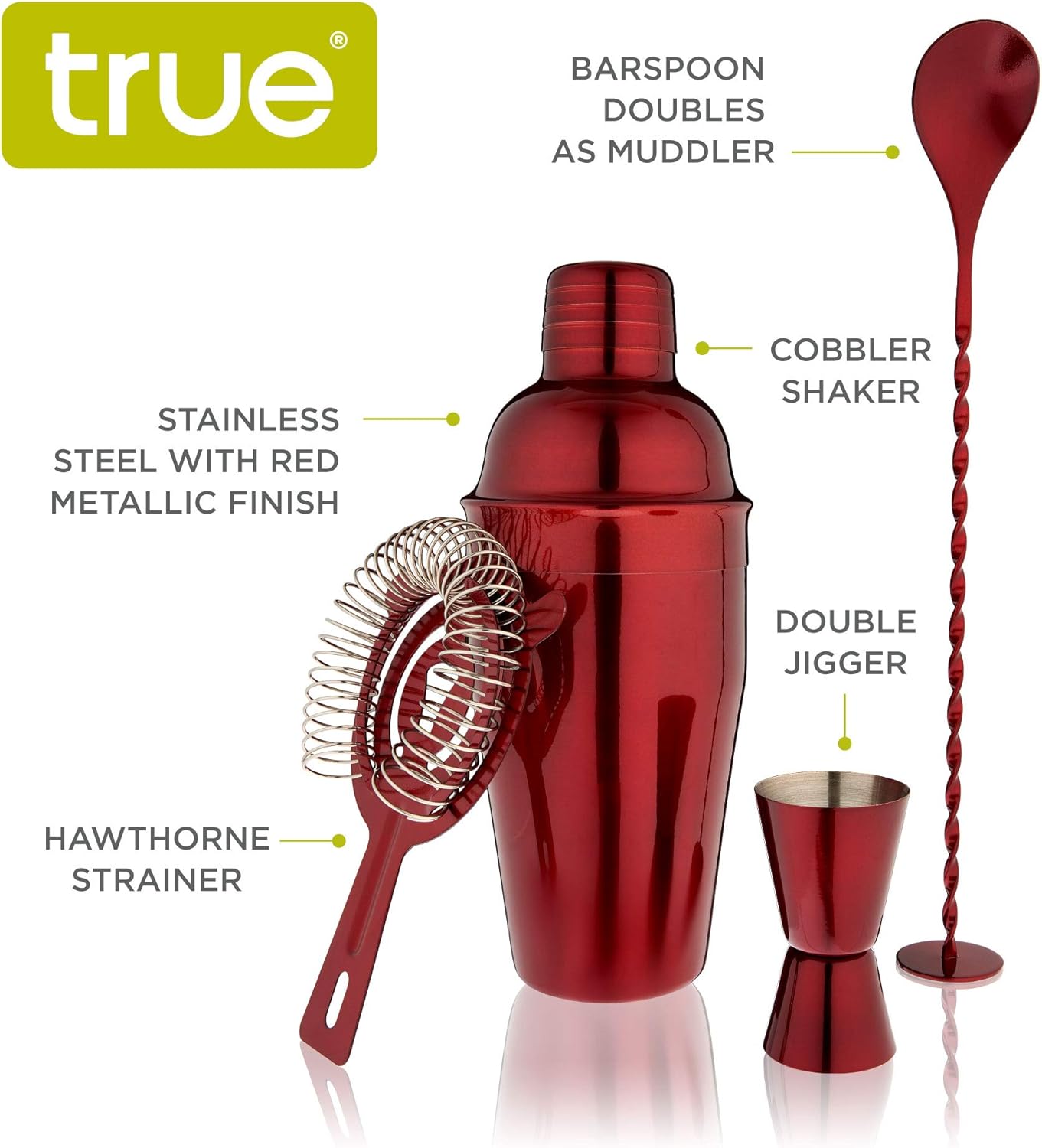 True Bar Drink Mixer Set, 19oz 4-piece Cocktail Shaker Set Bartender Kit, Cocktail Mixer Set, Cocktail Shaker Kit, Barware Tool Sets, Bar Accessories, Red