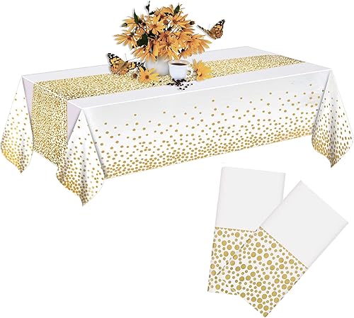 MOLFUJ Mantel de plástico blanco y dorado de 54 x 108 pulgadas para fiesta, paquete de 2 manteles desechables blancos para mesa rectangular de 8