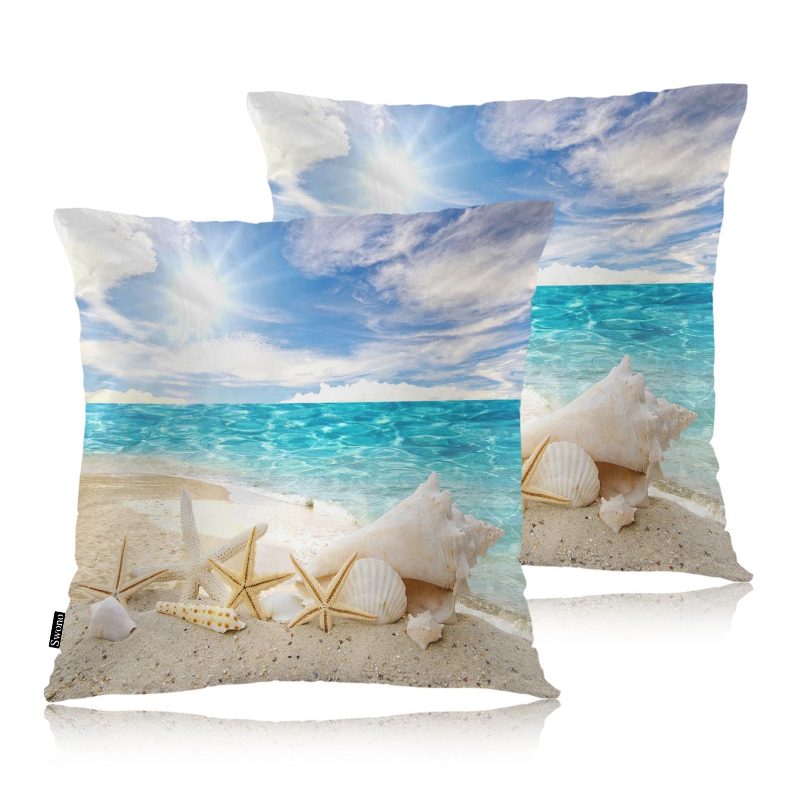 Swono Ocean Beach Throws Pillows Covers for Couch, Paradise Beach Sandy Seashells Starfishes Decorative Pillow Cases for Men Women, Cosy Pillow Cushion Cover Pack of 2 18"X18" for Home Sofa Bed