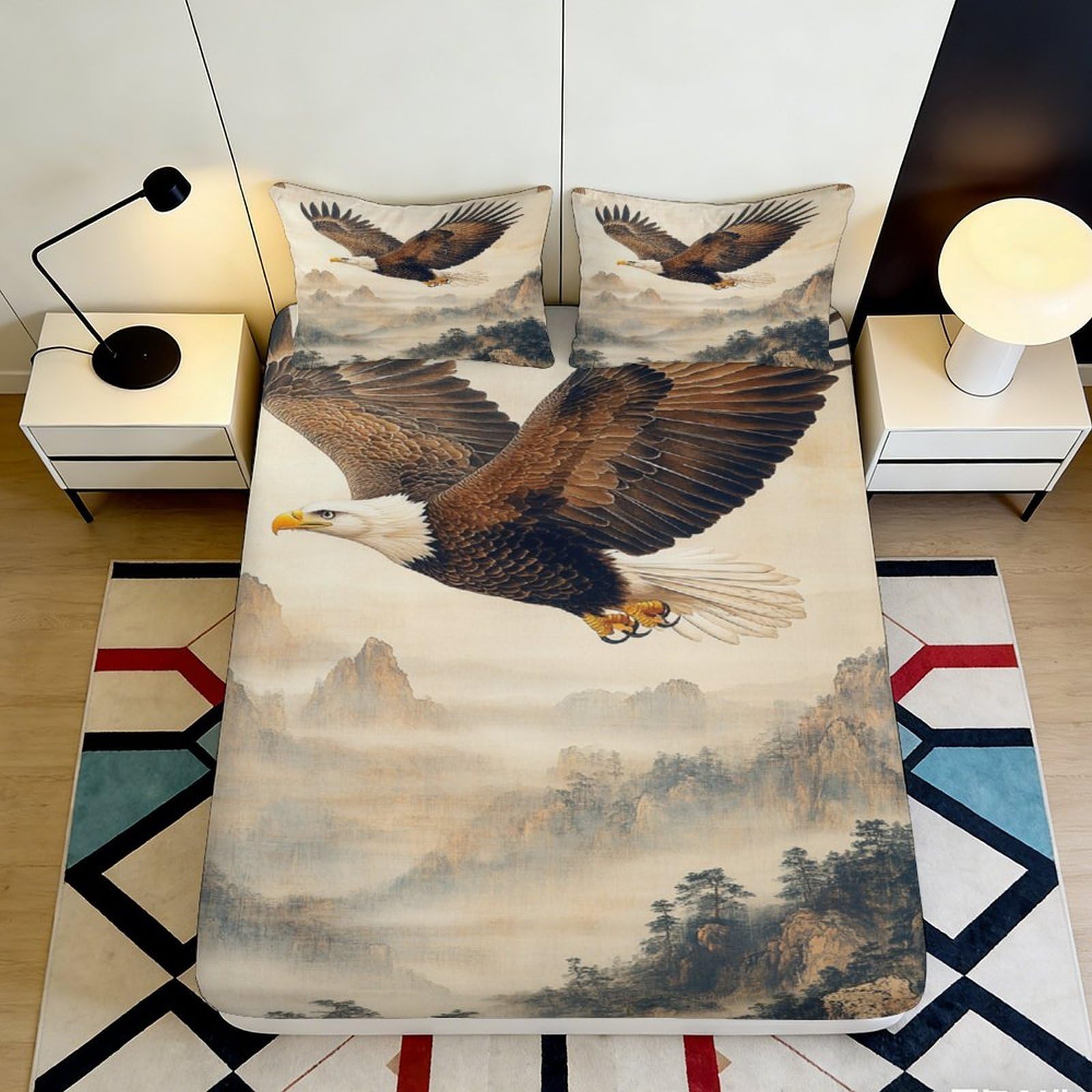 3D Printed Majestic Eagle Fitted Sheet Microfiber Soft Breathable Mountain Landscape Mattress Cover for Bedroom Decor 90x200x25cm