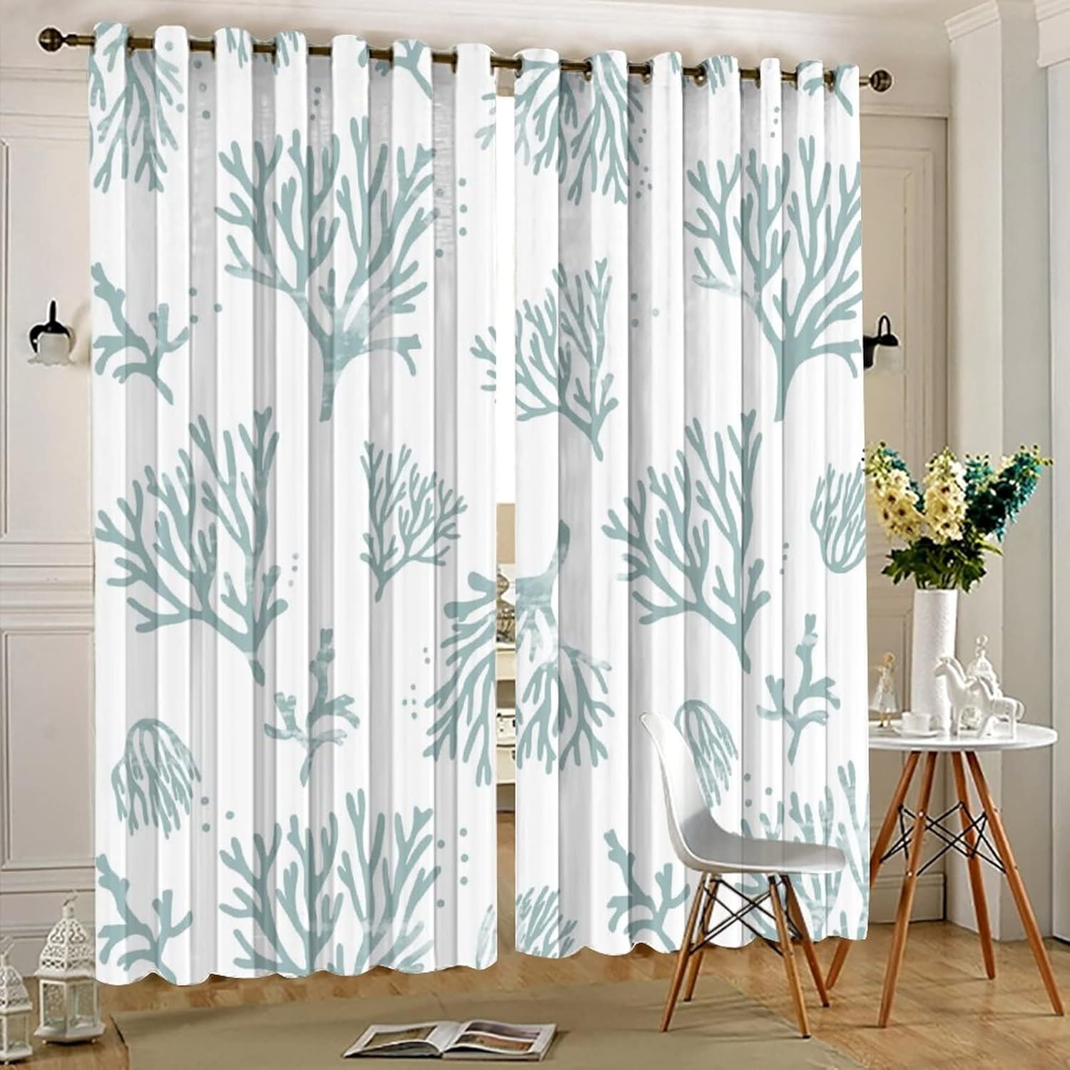 Coastal Nautical Blackout Curtains for Bedroom,Abstract Modern Art Ocean Theme Watercolor Cyan Coral Room Darkening Window Curtains with Grommets - 2 Panels 84L x 42W