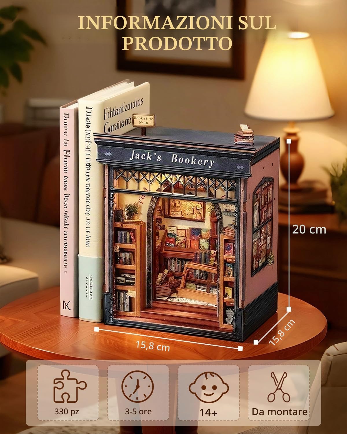 Cutefun Book Nook Kit - Kit Case delle bambole con Luci LED, Puzzle 3D in Legno Modellino da Costruire, Decorazione per Libreria, Regalo Creativo per Adolescenti e Adulti(Jack's Bookery)