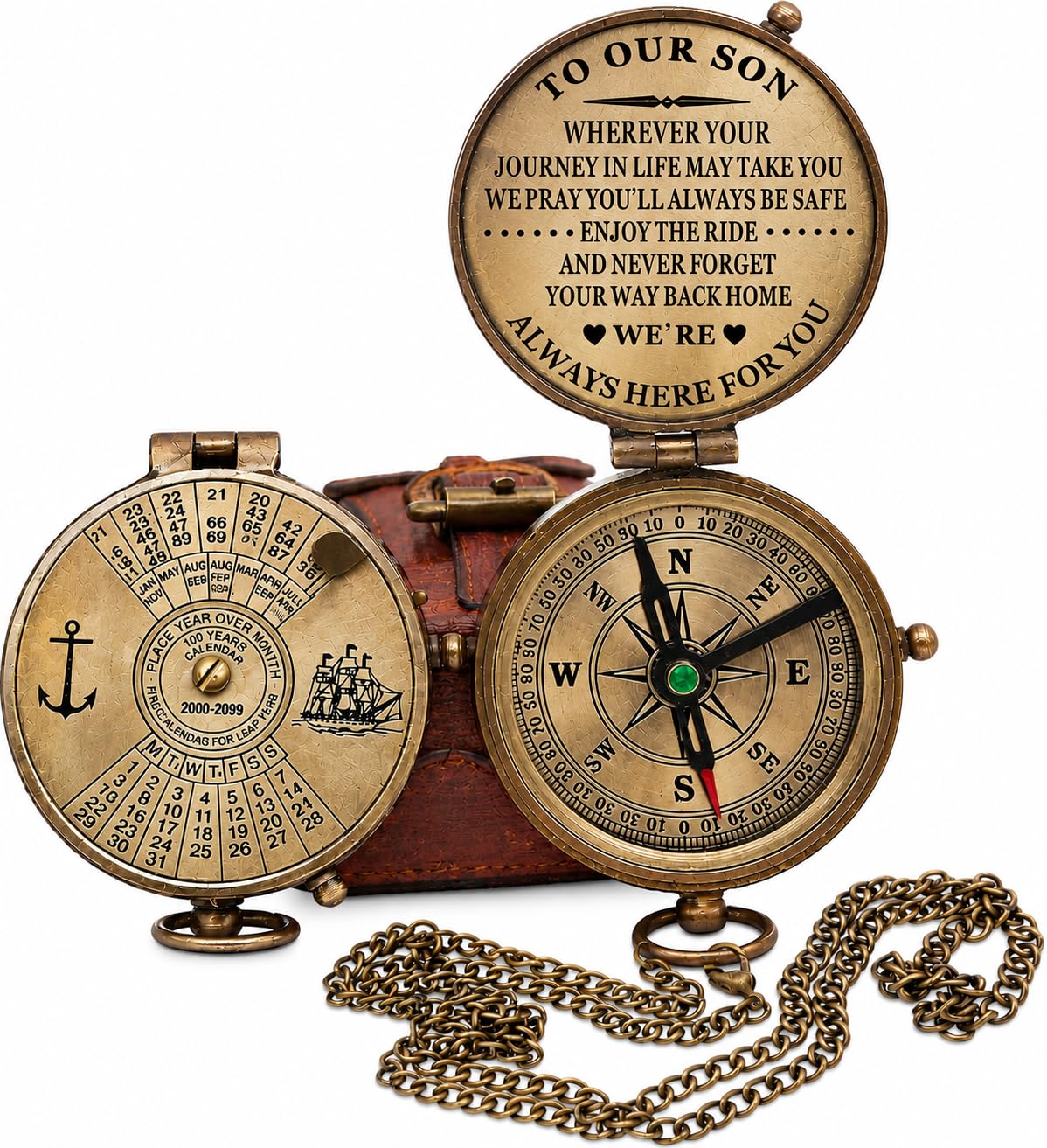 to Our Son Compass Gift, Personalized Antique Brass Pocket Compass with Leather Pouch and Chain, Working Navigation Compass, Inspirational Gift for Son, Birthday Graduation