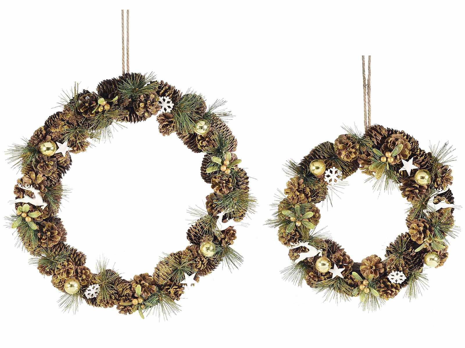 Gruppo Maruccia - Guirlandes de Noël avec pines et décorations - Décoration pour porte, maison, fenêtres, lot de 2 couronnes de Noël - Idée cadeau