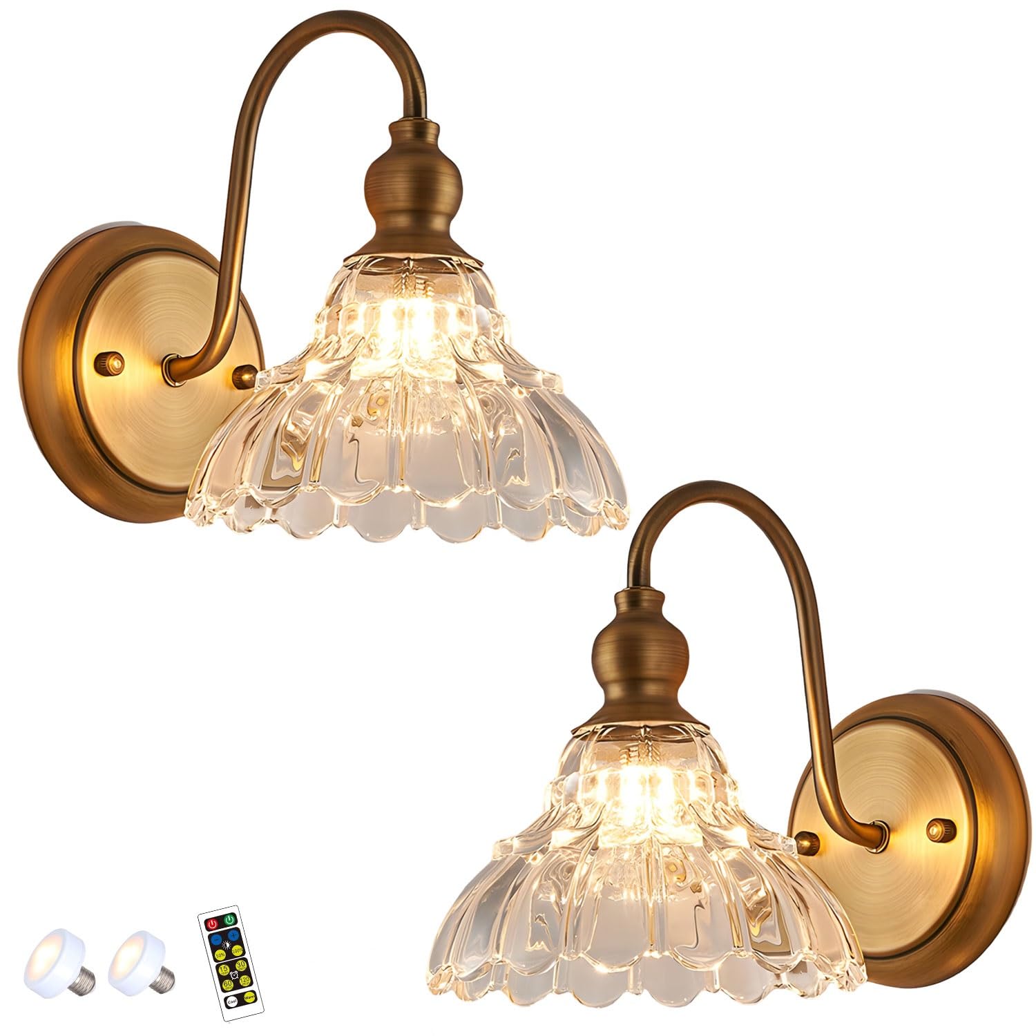 Wall Sconces Set of Two, Battery Operated Wireless Wall Lights,Modern Glass Wall Lighting Fixture, with Remotes And Dimmable LED Bulbs,Indoor Sconces Wall Decor for Bedroom Living Room Hallway(Gold-1)