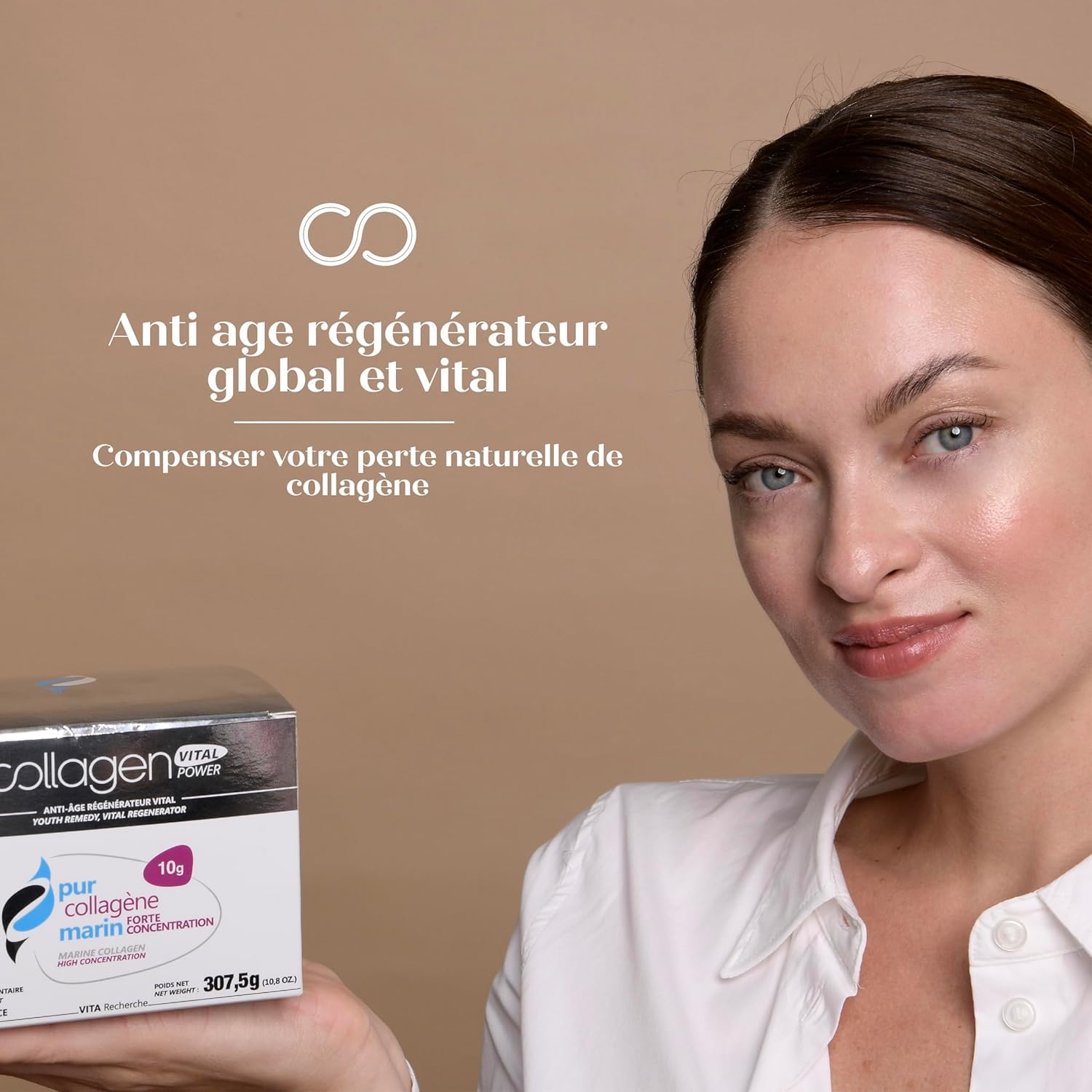 Collagen Vital Power - Actifs de Biopeptides de Pur Collagène Marin à Forte Concentration - Complément Alimentaire Anti-Âge Régénérateur, Fabrication Française - Arôme Pêche, 10g
