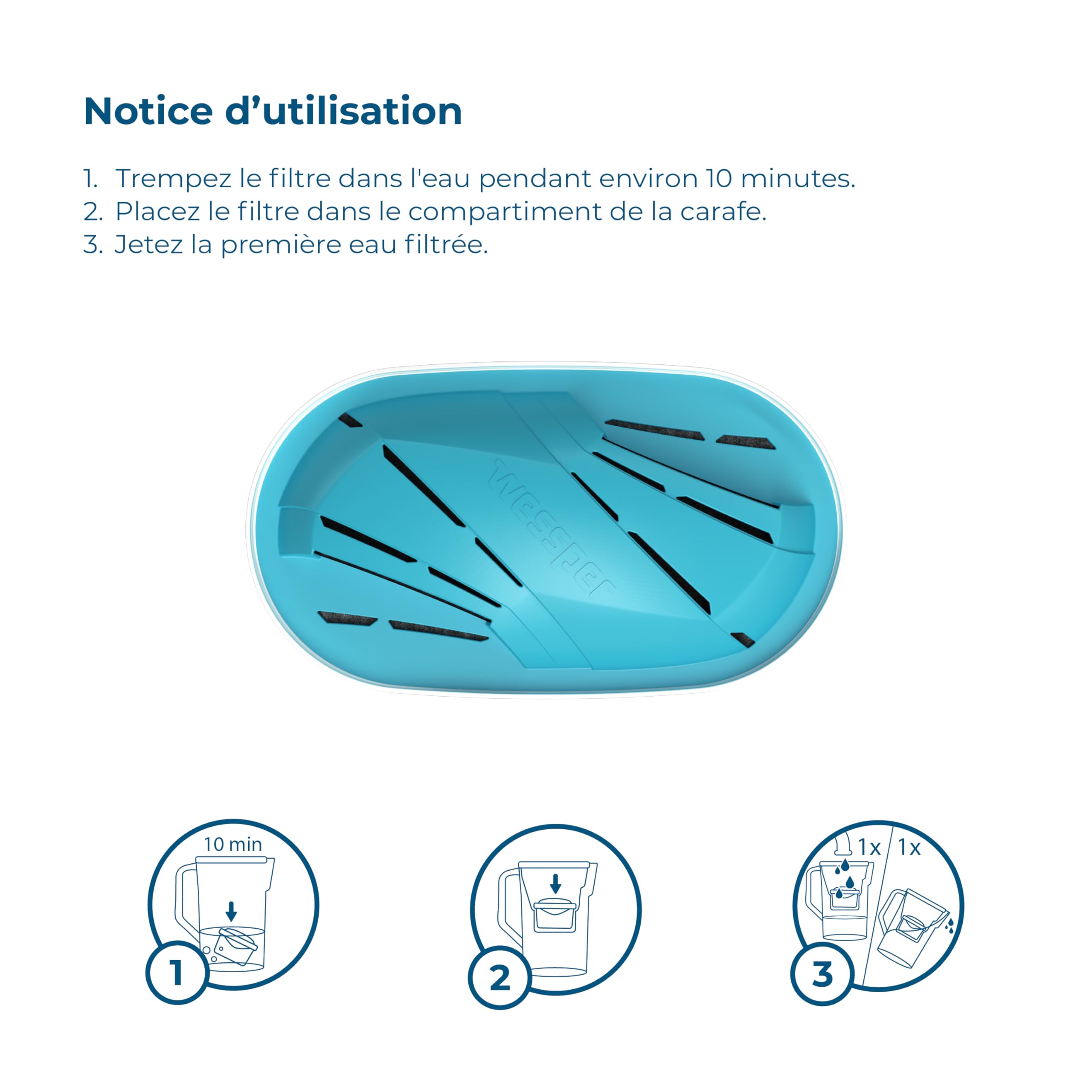 Wessper Cartouche Filtrante, Alcaline filtre eau pour carafe filtrante, pH élevé, améliore l'odeur et le goût de l'eau, Compatible avec les cartouches filtrantes BRITA, BWT (10 pièces)