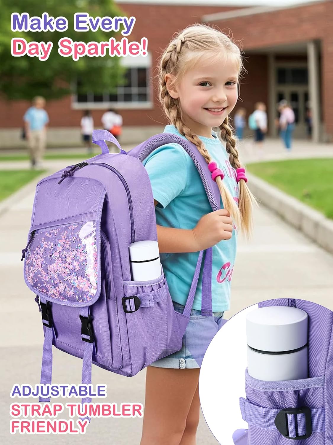 VASCHY Backpack for Girls, Cute Elementary School Bag Bookbag for Primary Schooler Kids with Sparkling Sequin Clear Pocket Purple