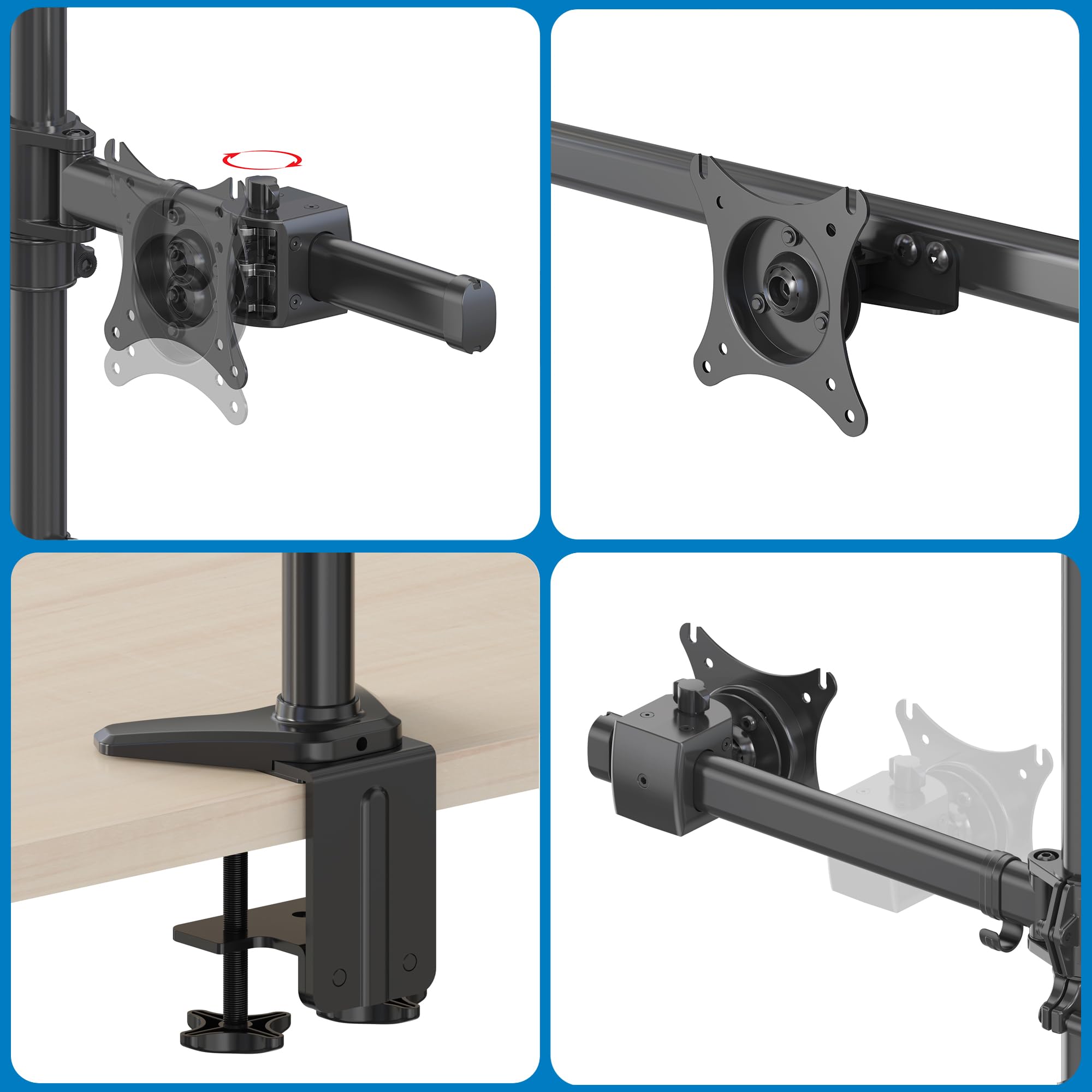 HFTEK - Supporto a doppio monitor per schermi curvi da 15 a 34 pollici, 15 kg per braccio, altezza regolabile, girevole, girevole, supporto per monitor VESA 75 100 - MS22C-80N