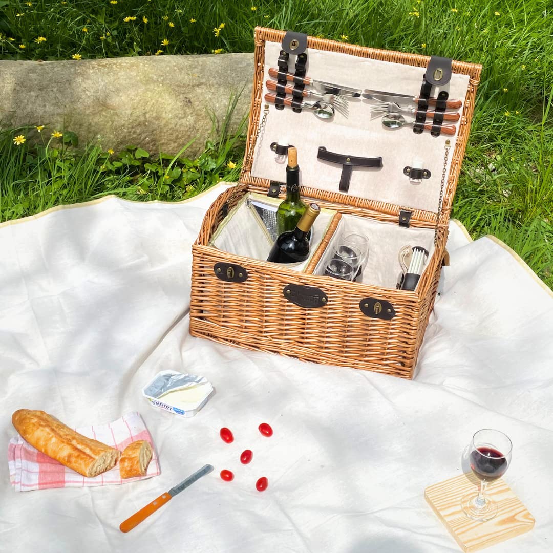 Les Jardins de la Comtesse - Cestino da Picnic "Gisors" di Vimini - 4 Persone -Scompartimento Isotermico - Piatti in Ceramica e Bicchieri da Vino in Cristallo - Tessuto Colore Crema - 48 x 36 x 27 cm
