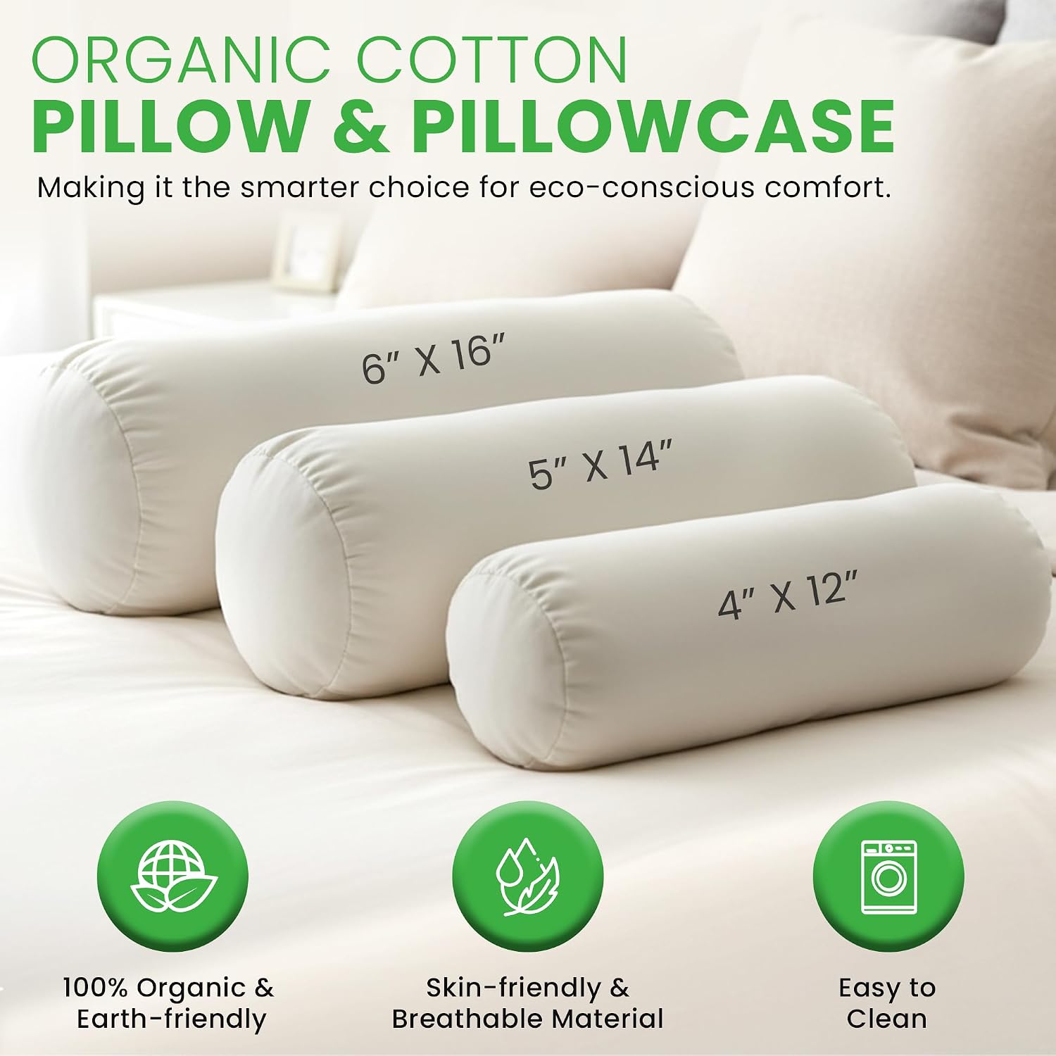 Organic Cotton Neck Roll Pillow with Pillowcase – Organic Buckwheat Filled Soft Neck Pillow with Breathable and Durable Fabric Washable Protector – Supportive for Deep Sleep – Made in USA, 4" x 12"