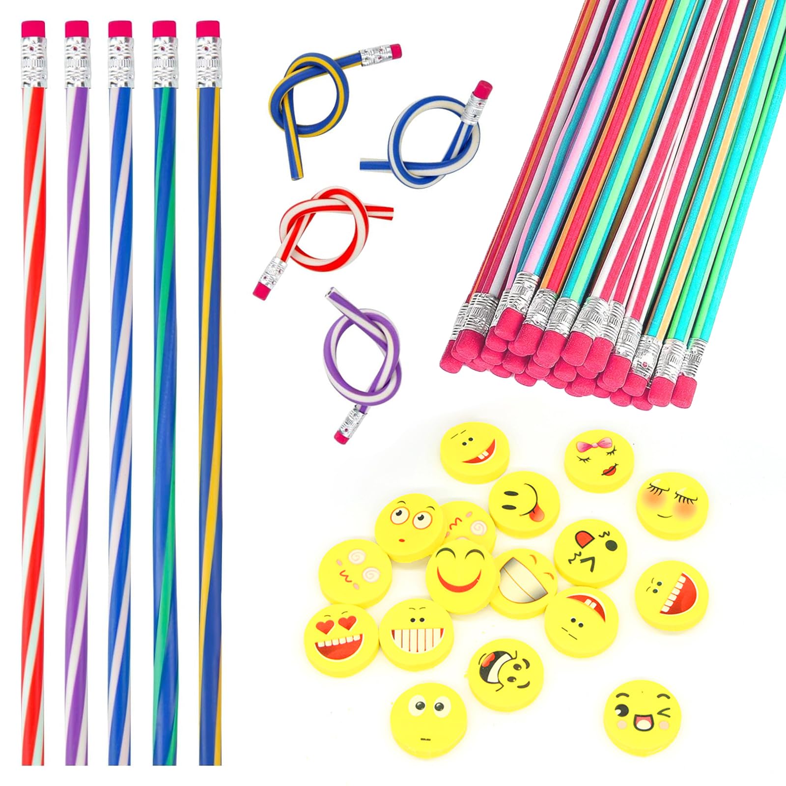 AHEJIOO 50 piezas gadget cumpleaños niños, regalos fin de fiesta cumpleaños, lápices gadget cumpleaños niños, lápices de colores niños, 25 lápices flexibles con 25 gomas expresivas regalos fiesta