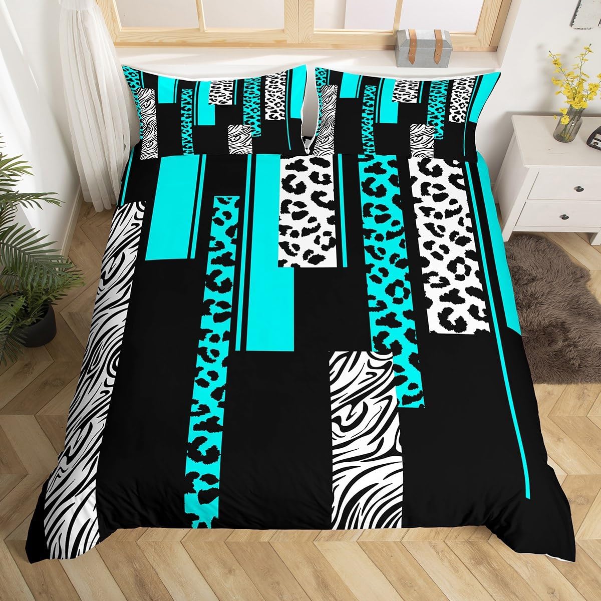 Feelyou Leopard Zebra Bedding Set King Size Kids Cheetah Teal White Black Comforter Cover Set for Boys Teens Animal Print Duvet Cover Breathable Safari Bedspread Cover Geometric Room Decor Quilt Cover
