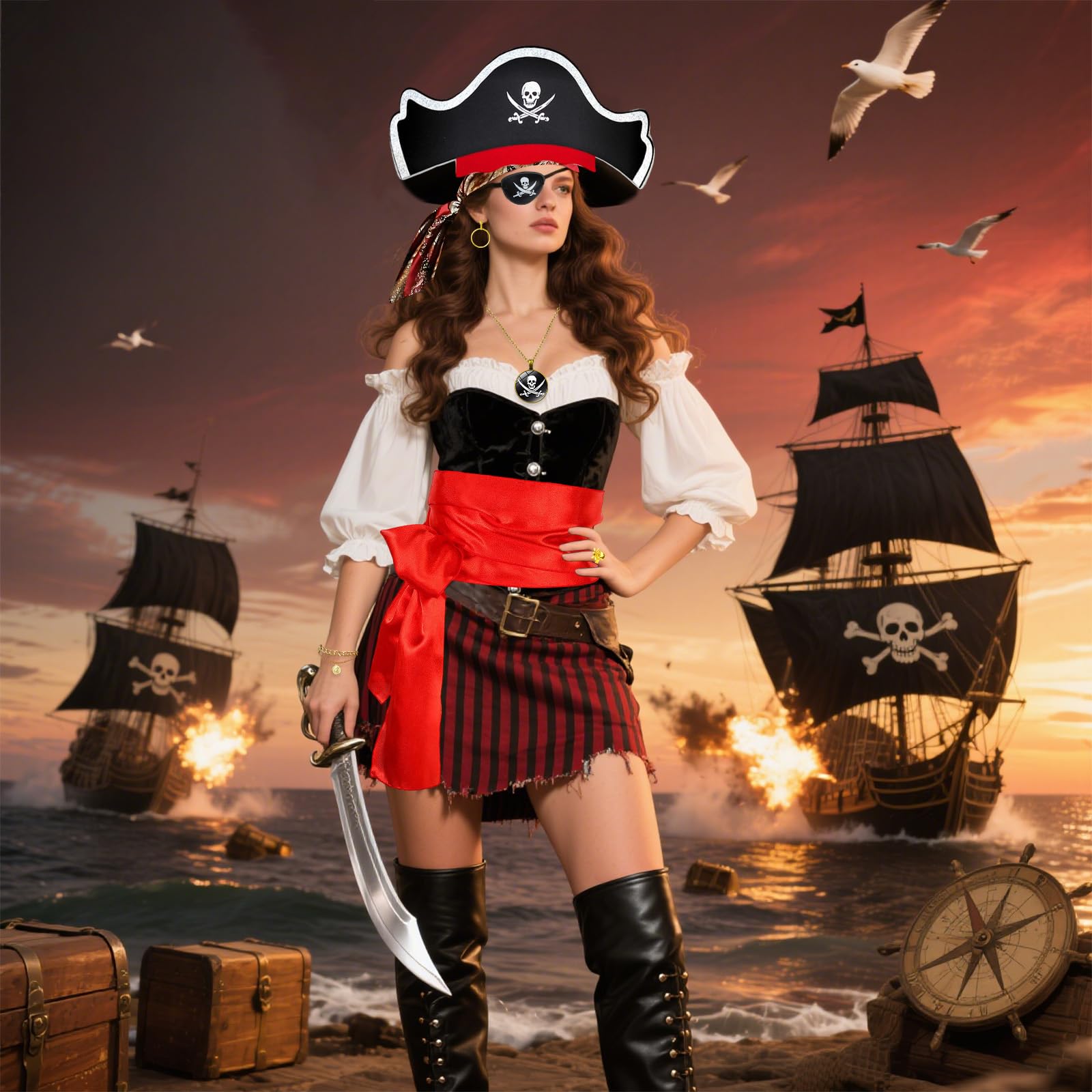 Ninnyi 8PCS Pirate Accessories Set for Women Pirate Costumes Adult with Headscarf Sash Belt Bracelet Hat Earring Ring Eye Patch Necklace - Image 4