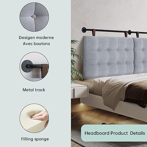 Miniatura 4 de Cabecera King Cabeceras para Camas Ajustables Respaldo Cabecera Montada en Pared con Acolchado de Botones Grises Cabecera Colgante para Dormitorio