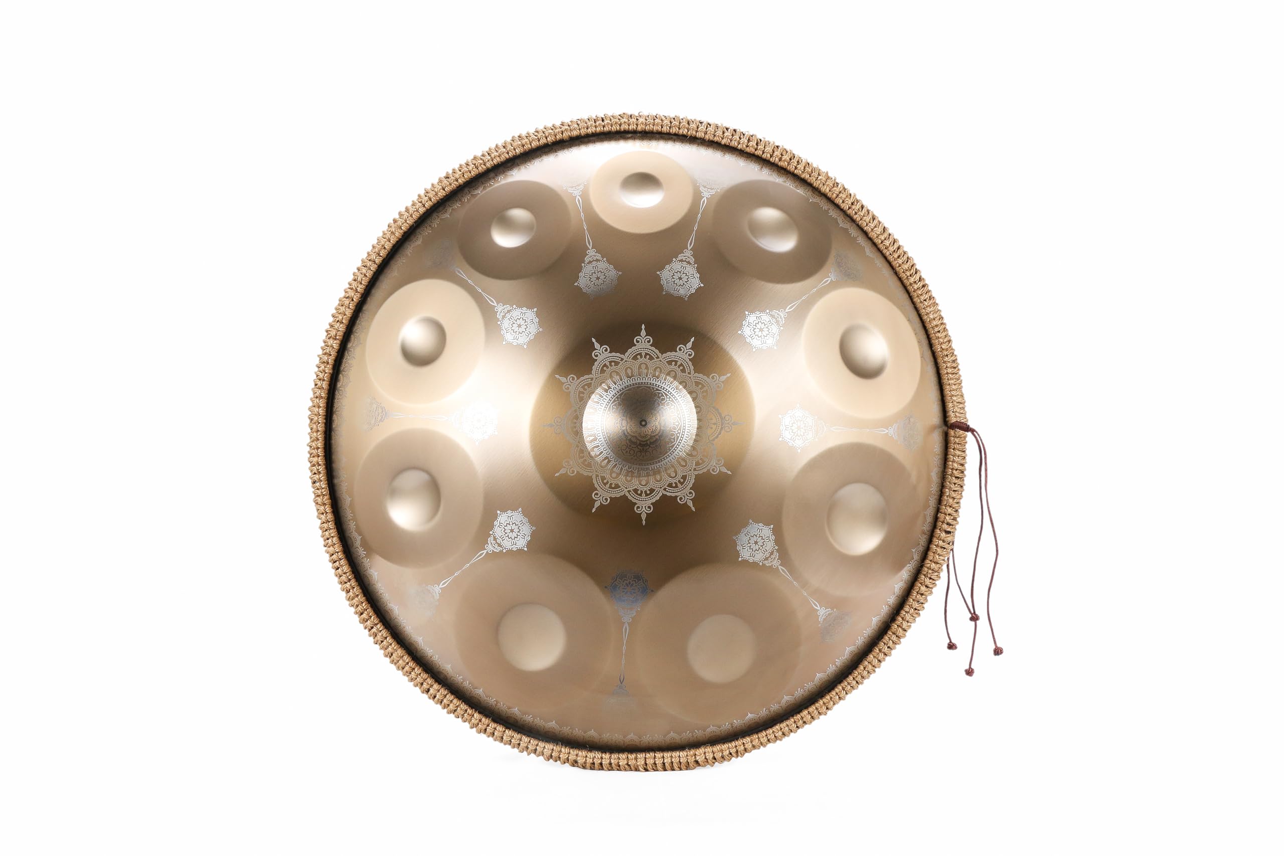 Handpan Mandala doré - 10 notes - Échelle courte - Instrument professionnel de guérison sonore - En acier de qualité supérieure - Tambour de méditation pour soulager le stress, le yoga et la