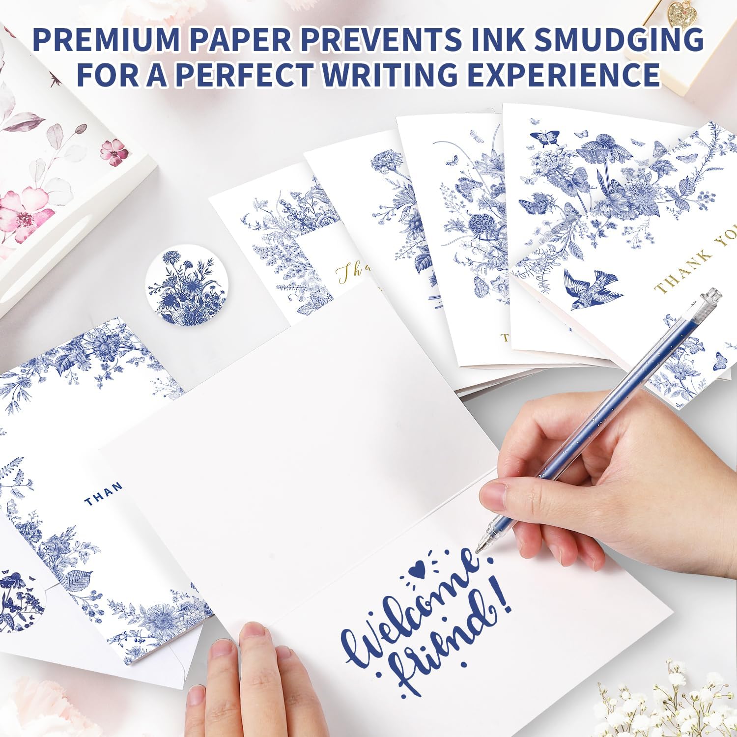 Blue Flowers Thank You Cards with Envelopes (24 pack 4"x6") - Floral Thank You Cards with Adhesive Envelope & Matching Stickers - Gifts for Birthday, Wedding, Bridal Showers, Baby Showers (Blue) - Image 4