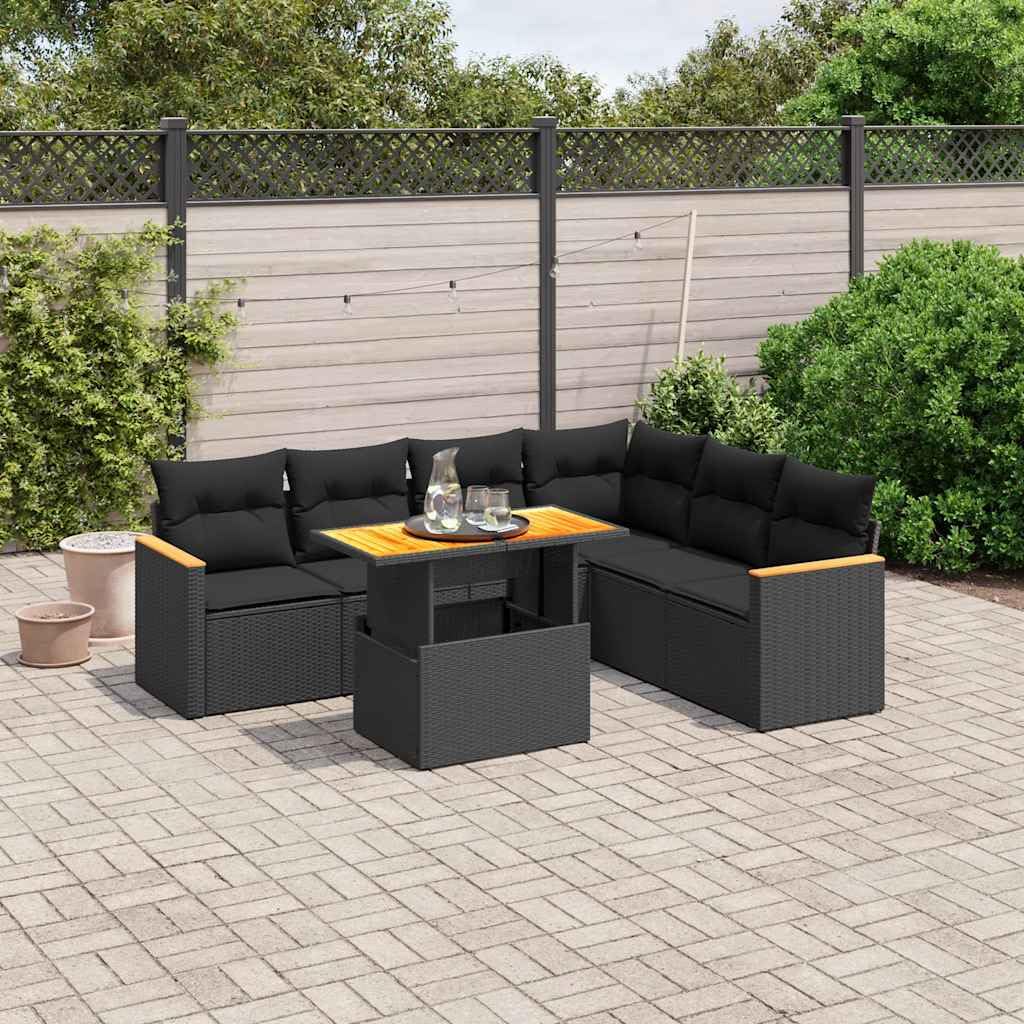 Juego de sofás de jardín de ratán sintético de 7 piezas, conjunto modular con mesa de altura ajustable, sofá esquinero y sillón, incluye cojines para jardín y terraza, color negro