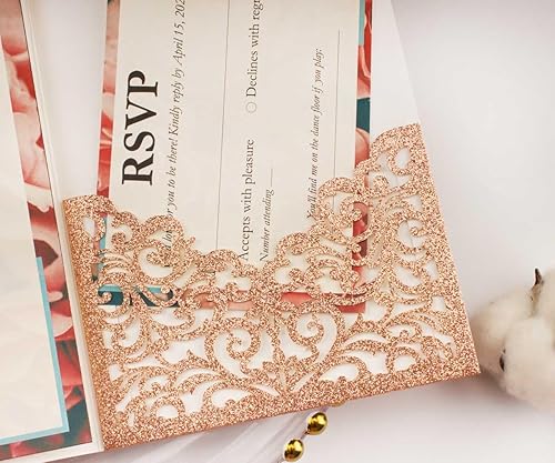 Miniatura 9 de 25 piezas de 5 x 7.28 pulgadas de color burdeos de papel perlado de vid de triple pliegue para invitaciones de boda, bolsillo cortado con láser,