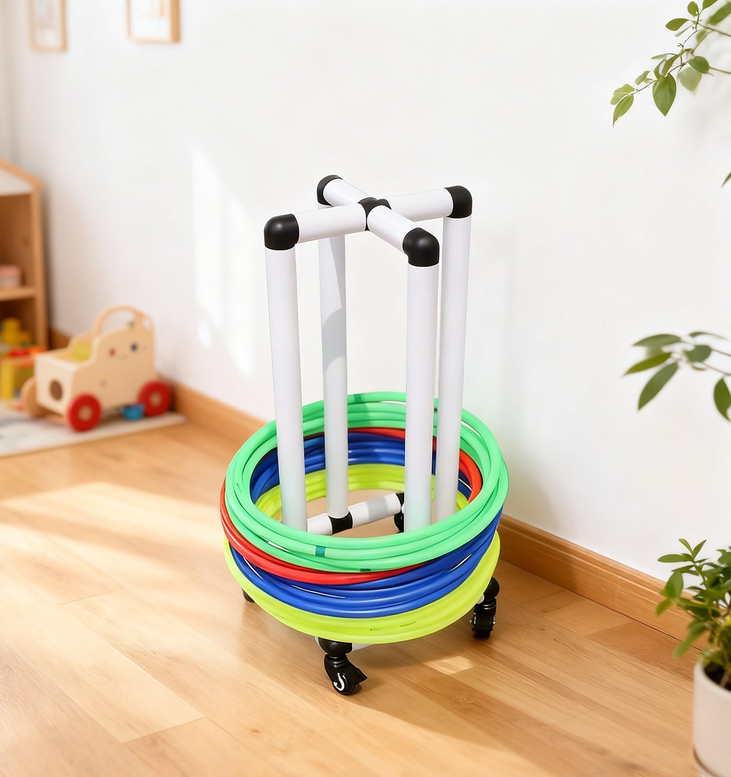 Hula Hoop Uchwyt na kółkach Hula Hula, łatwy w montażu organizer z PVC z kółkami, wózek do przechowywania do jogi i siłowni.