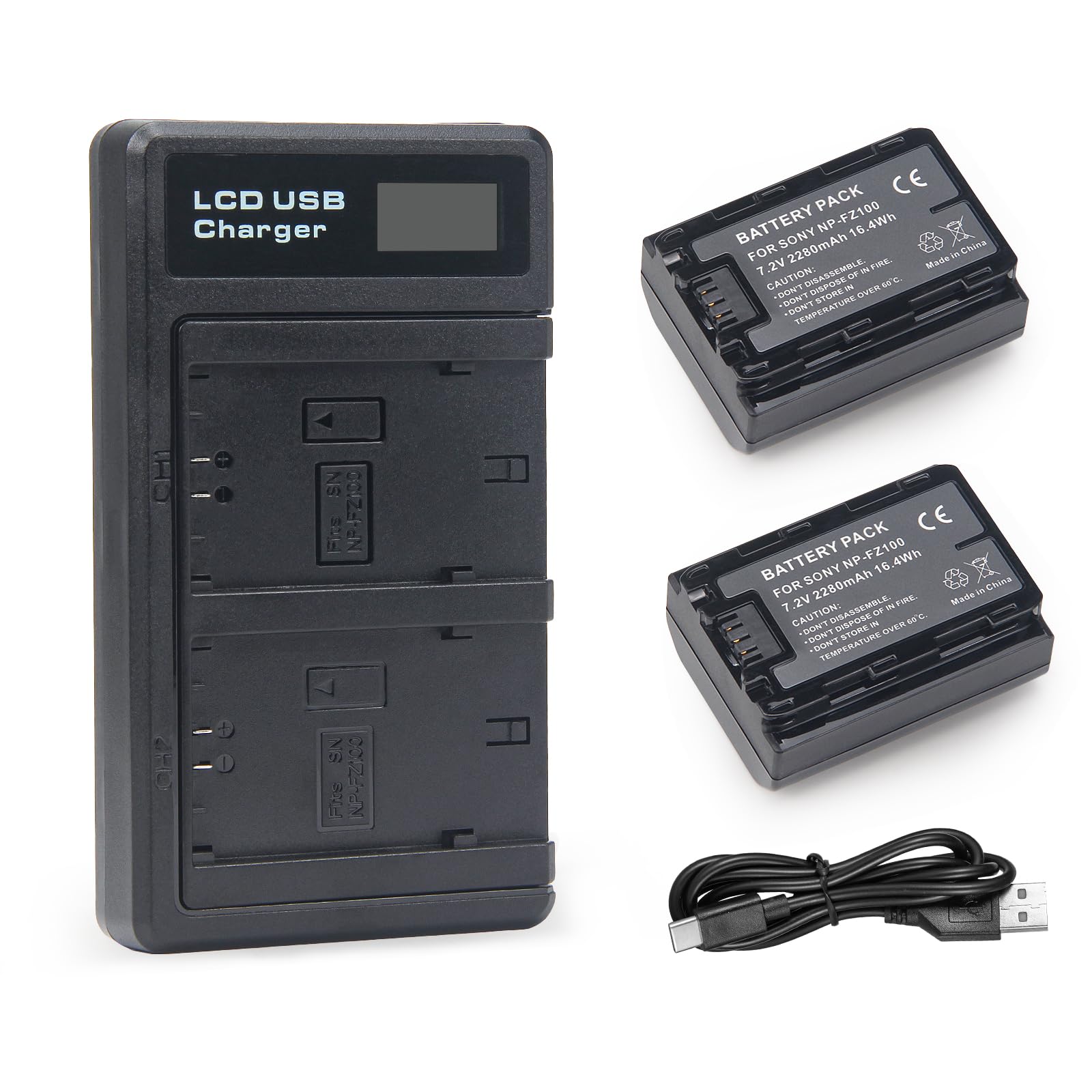 Pack 2 Batteries NP-FZ100 + Chargeur Double USB Rapide – Compatible Sony A1, A7 IV, A7R V, A7S III, A9 II, FX3, FX30, ZV-E1