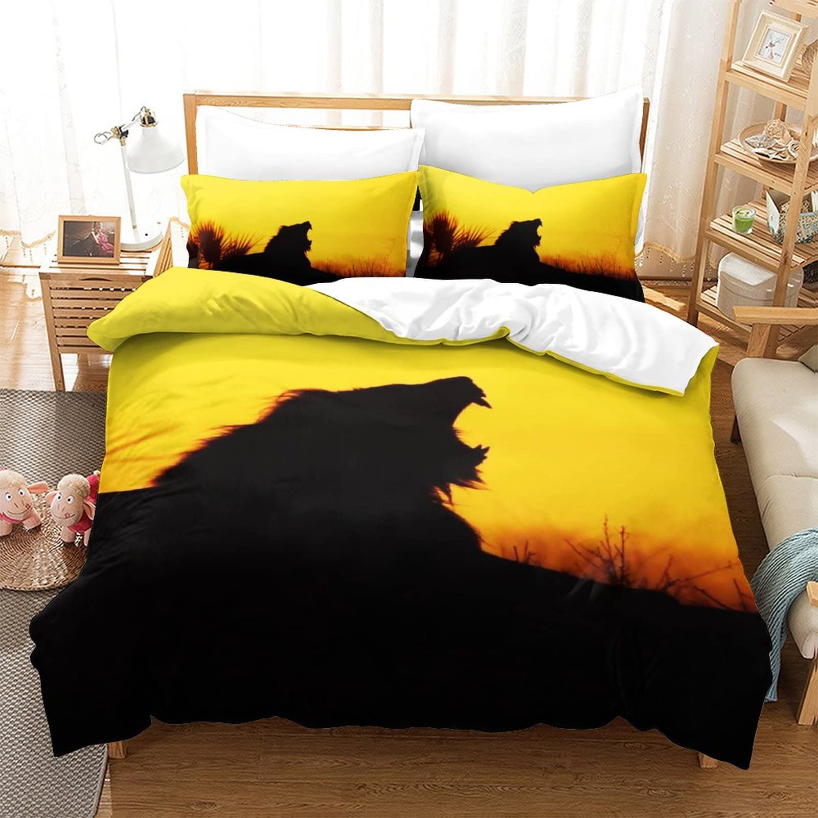 Parure de lit simple 135x200 avec housse de couette lion 3D et couvre-lit