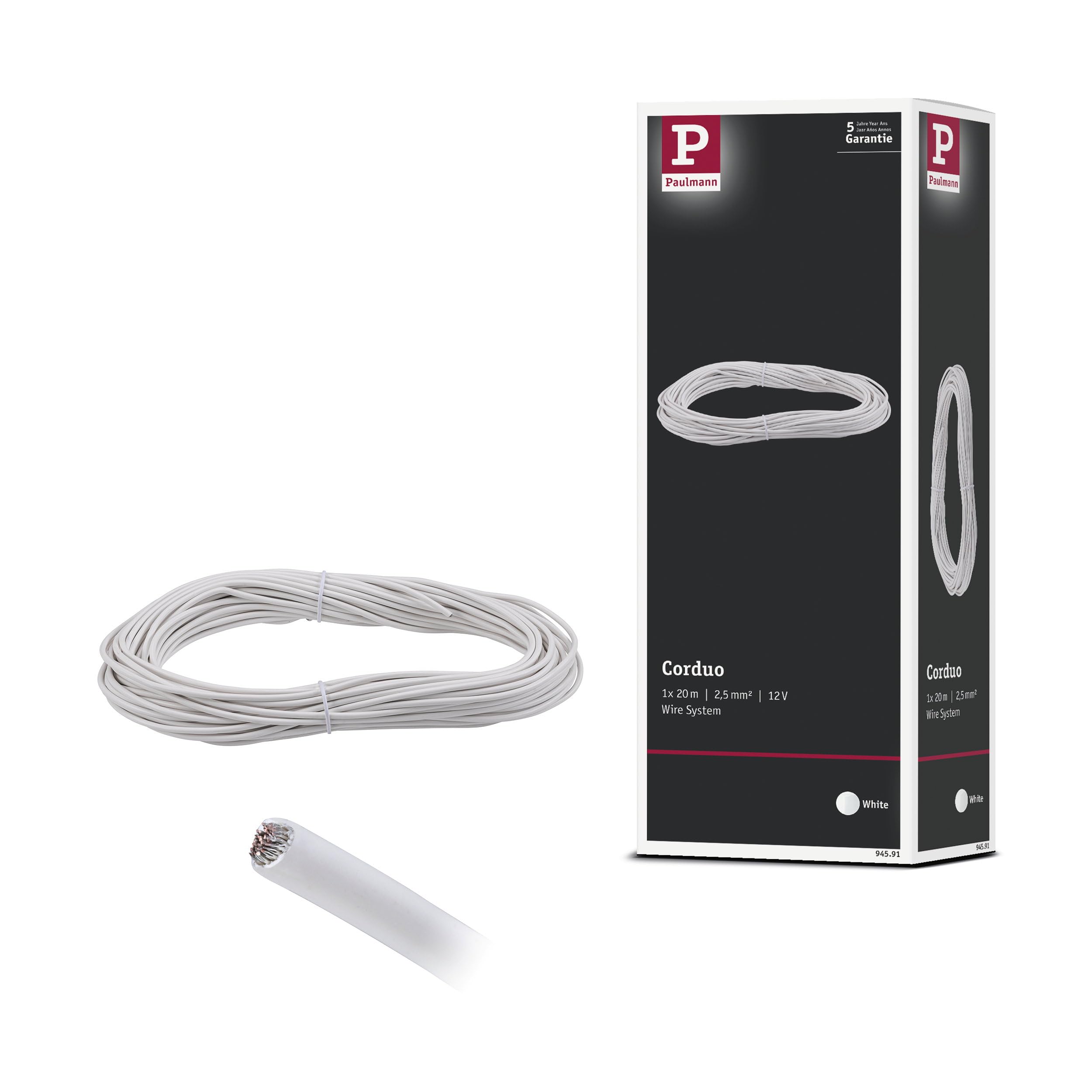 Paulmann 94591 Sistema a fune fune di tensione Corduo 20m isolata 2,5qmm fune bianco fune metallica binario