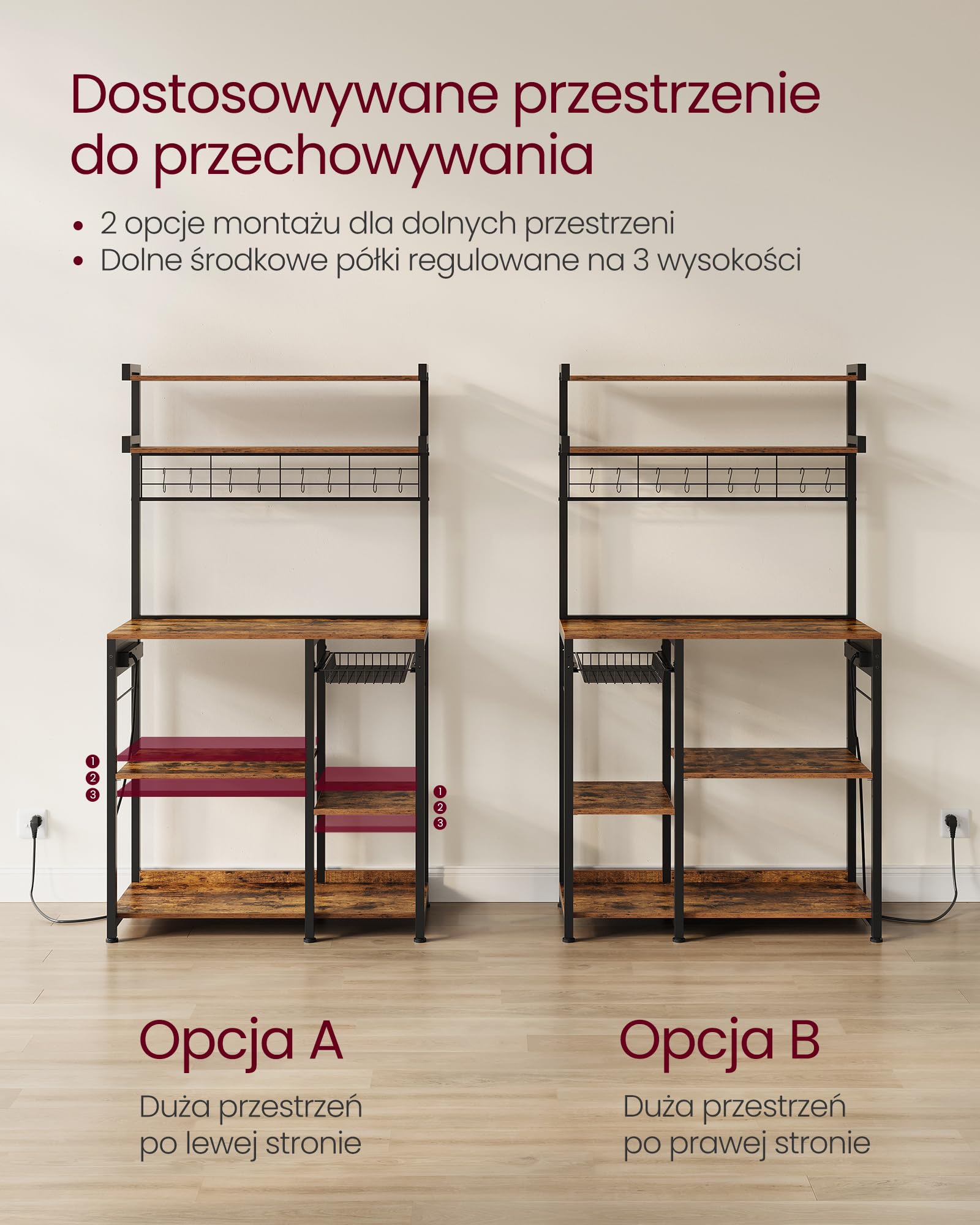 VASAGLE Półka kuchenna, półka stojąca z gniazdkami, półka na kuchenkę mikrofalową, bar kawowy, półka piekarnicza, haczyki 8 S, z koszem, stojak na przyprawy, vintage brązowy atrament czarny KKS031K11
