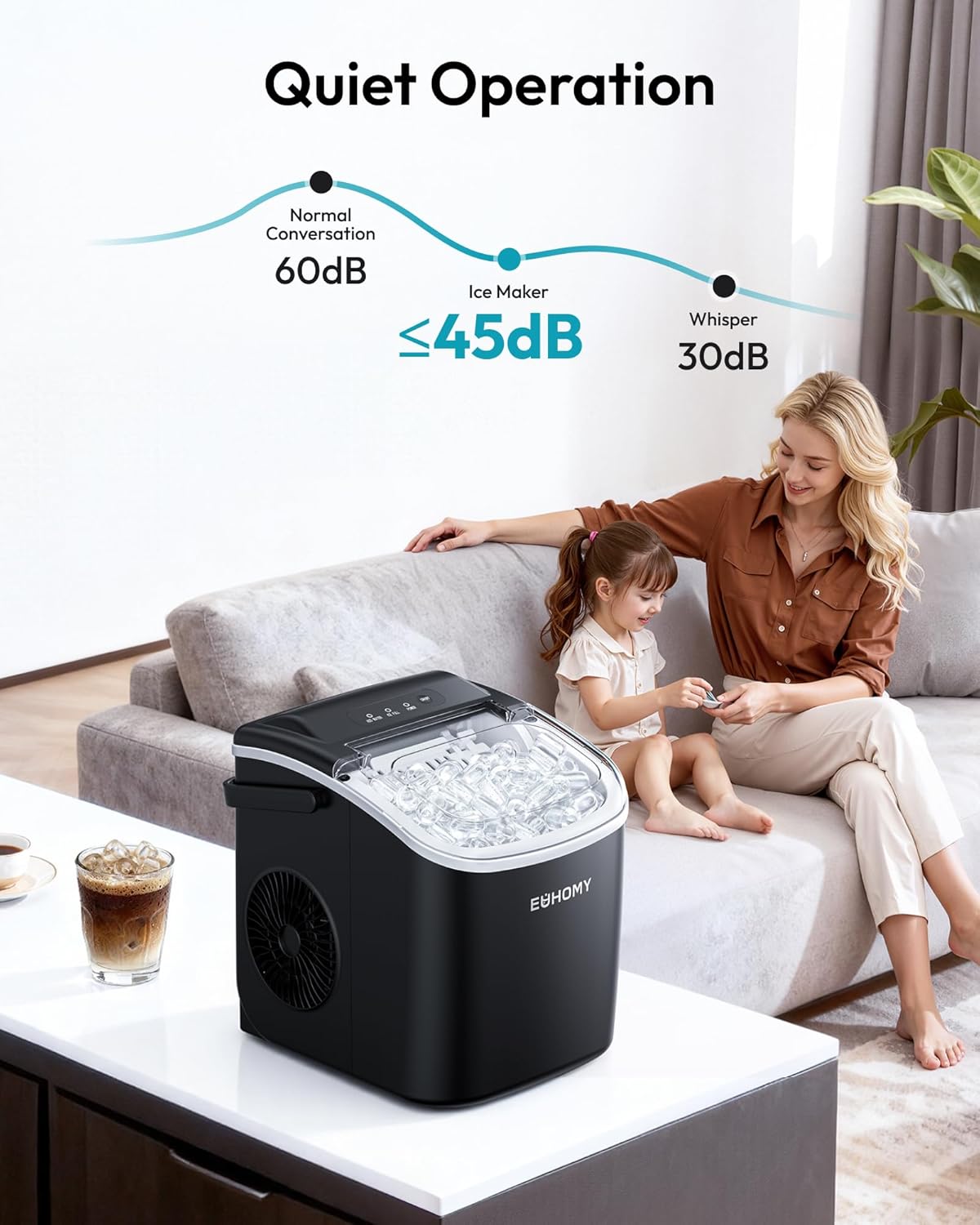 EUHOMY Countertop Ice Maker Machine with Handle, 26lbs in 24Hrs, 9 Ice Cubes Ready in 6 Mins, Auto-Cleaning Portable Ice Maker with Basket and Scoop, for Home/Kitchen/Camping/RV. (Black) - Image 8