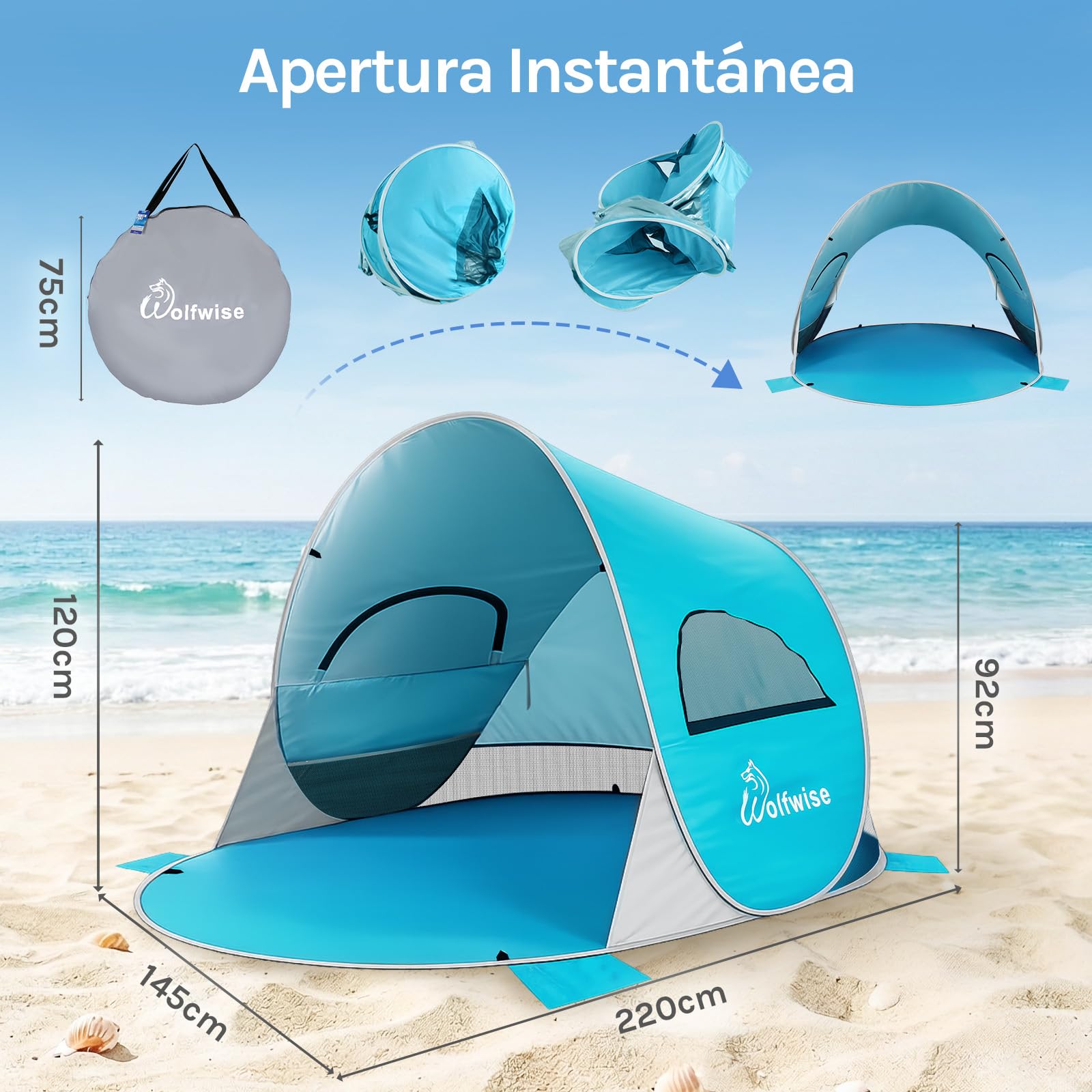 Wolfwise Tienda de Playa UPF 50+, Plegable para 2/3/4/5/7 Personas con sombrilla Deportiva, Tienda de Refugio Instantáneo contra el Sol, Toldo de Sombra