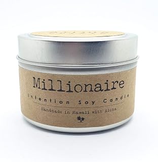 Millionaire Soy Intention Candle 4oz Traveler Tin Cinnamon Leaf Garnet Citrine Goldstone Gemstones Aloha Elixir Made in Hawaii