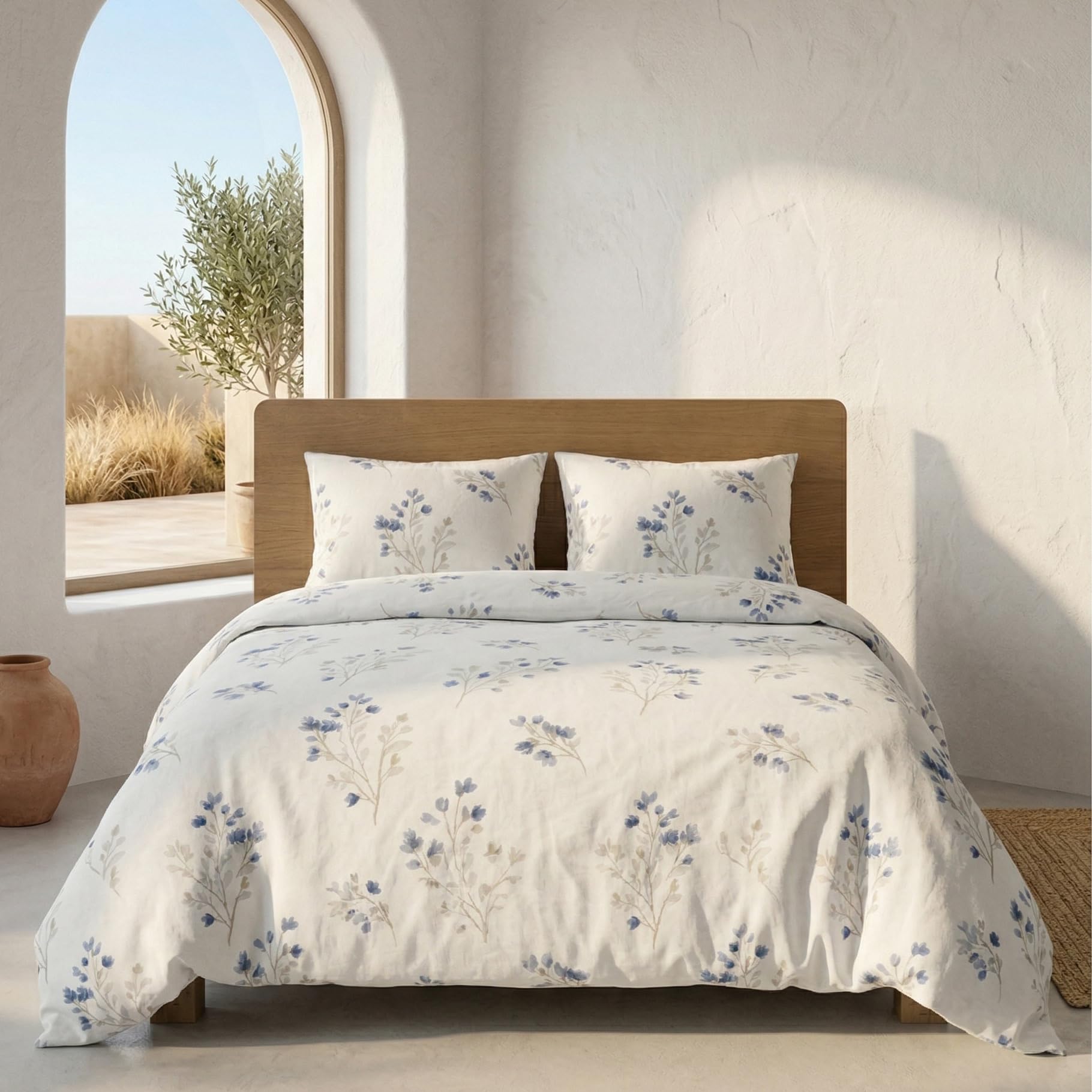 Juego Funda nórdica Cama 180/200 100% algodón, Funda edredón 260x240 cm + 2 Funda Almohada 50x90 cm, Estampado Floral, Azul.