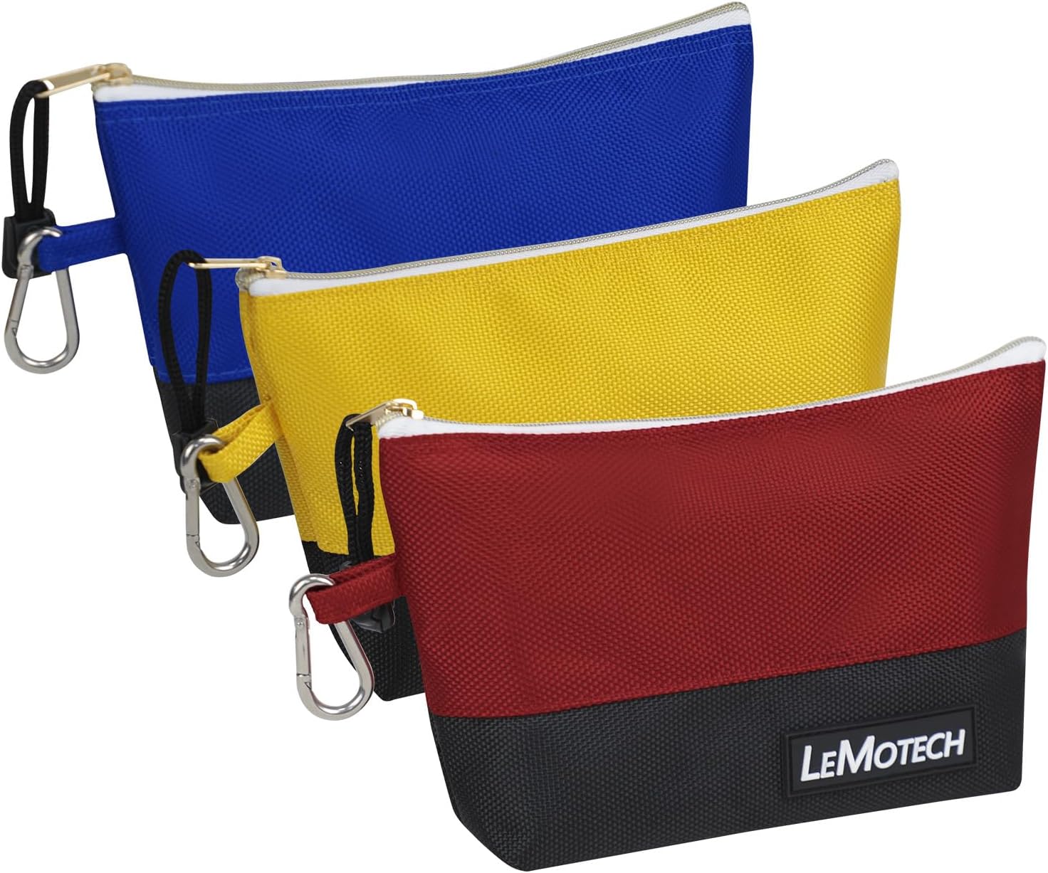 LeMotech Tool Pouches with Zipper, Water Resistant Small Tool Bags, 1680D Oxford Utility Bag for Tool Organizers and Storage, Red/Yellow/Blue 3 Pack