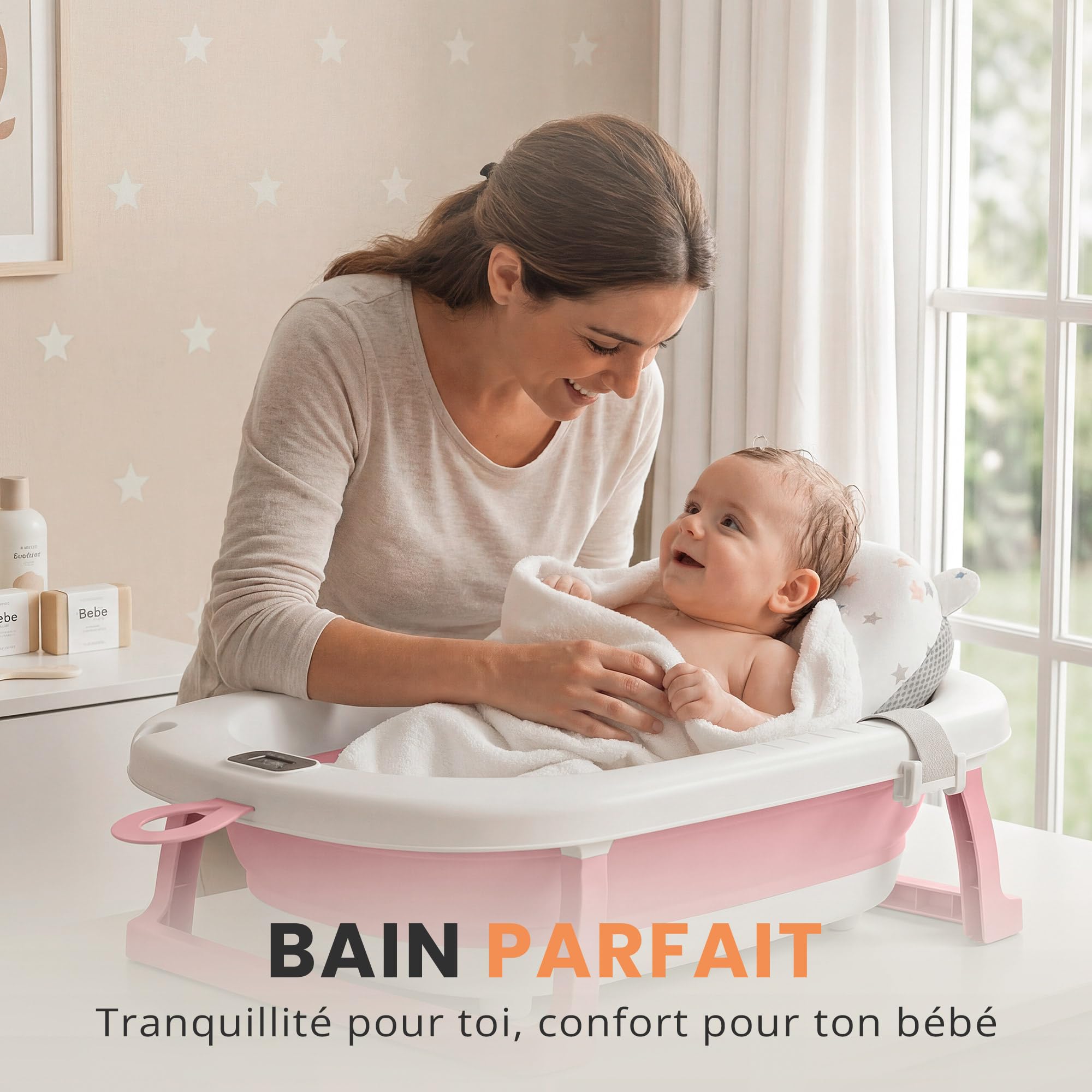 JUPPLIES Baignoire Pliable Bébé avec Coussin Ergonomique et Thermomètre Digital | Baignoire Bébé Antidérapante sur Pied | Bain Bébé Compact Facile à Ranger | 75x45x20cm (Rose, Sans Pattes)